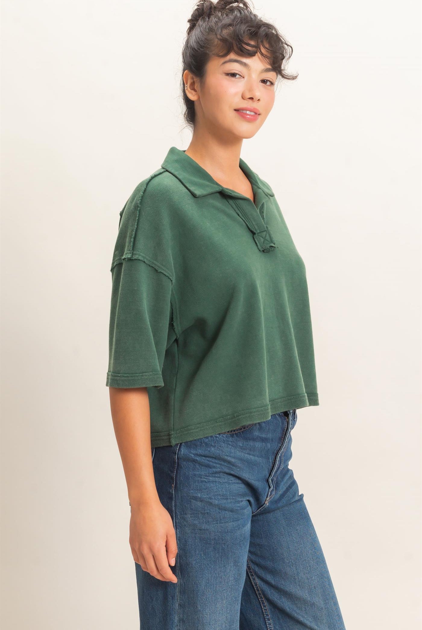 Wholesale Mineral Wash Oversized Collar Short Sleeve Top Clothing Tops DZ26E813 DARK GREEN DOUBLE ZERO