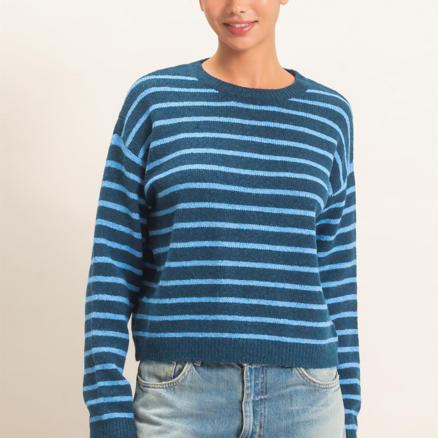 Wholesale Striped Crew Neck Sweater Sweaters DZ26C612 BLUE DOUBLE ZERO