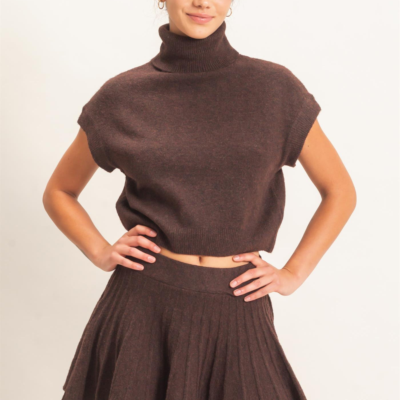 Wholesale Turtleneck Crop Top And Pleated Skirt Set Clothing DZ26C981-SET DARK BROWN DOUBLE ZERO