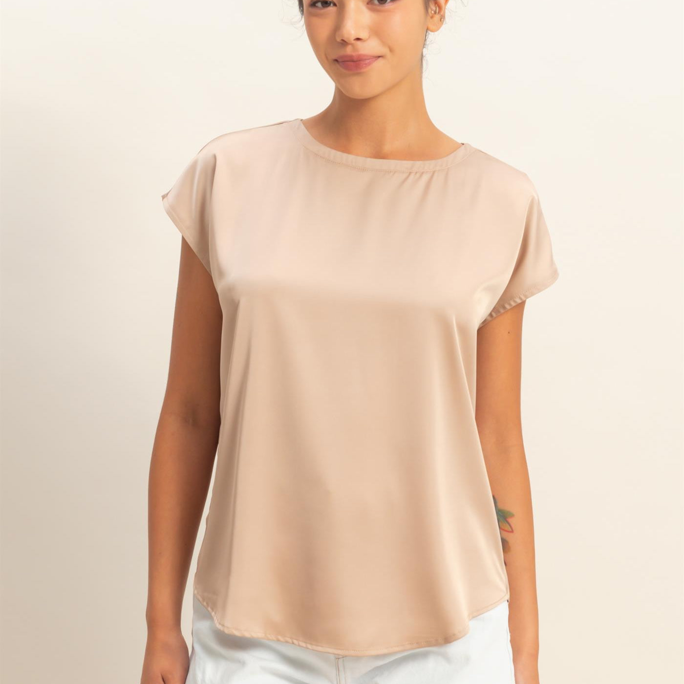 Wholesale Satin Dolman Sleeve Round Neck Blouse Clothing Tops DZ26C181 DARK TAUPE DOUBLE ZERO
