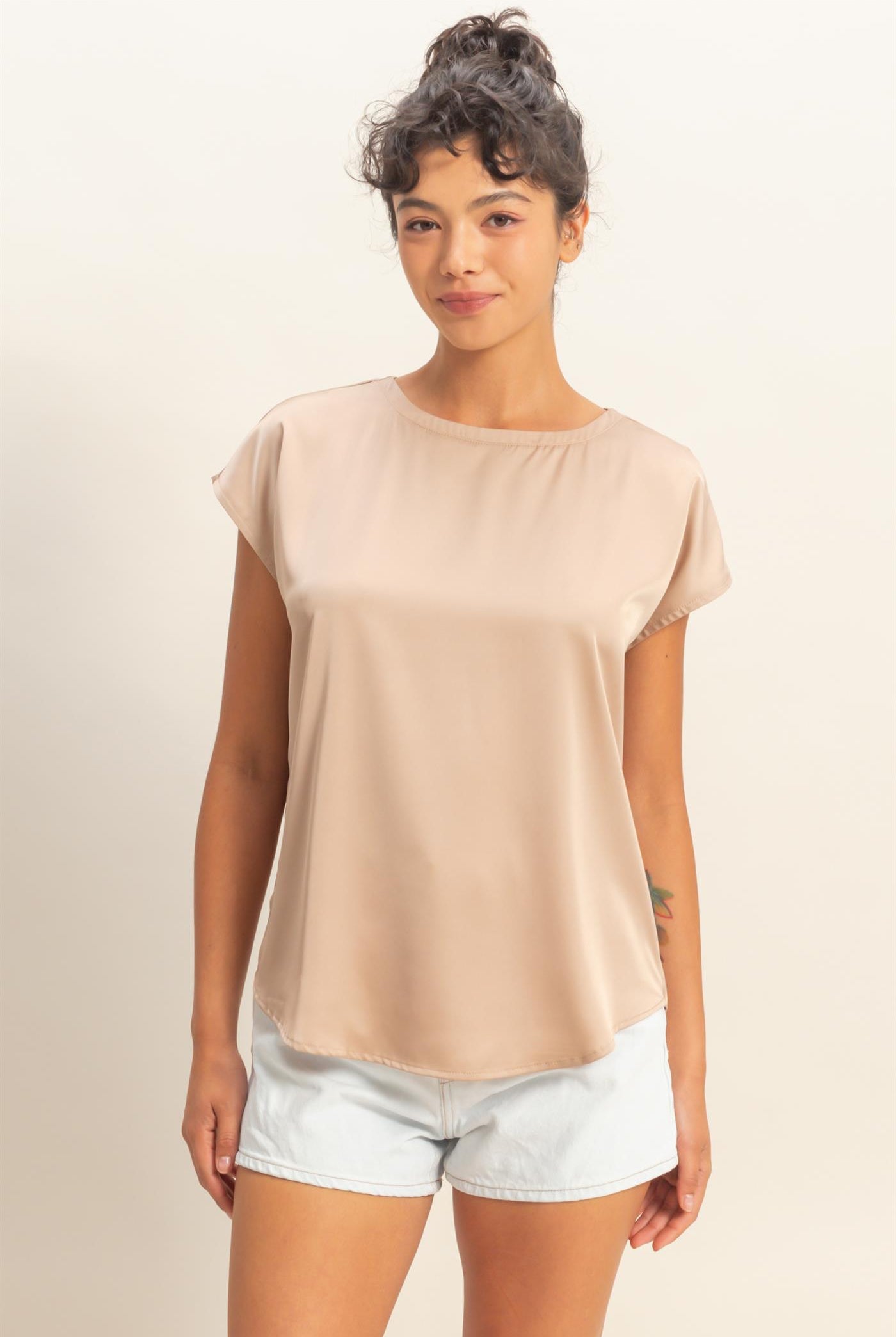 Wholesale Satin Dolman Sleeve Round Neck Blouse Clothing Tops DZ26C181 DARK TAUPE DOUBLE ZERO
