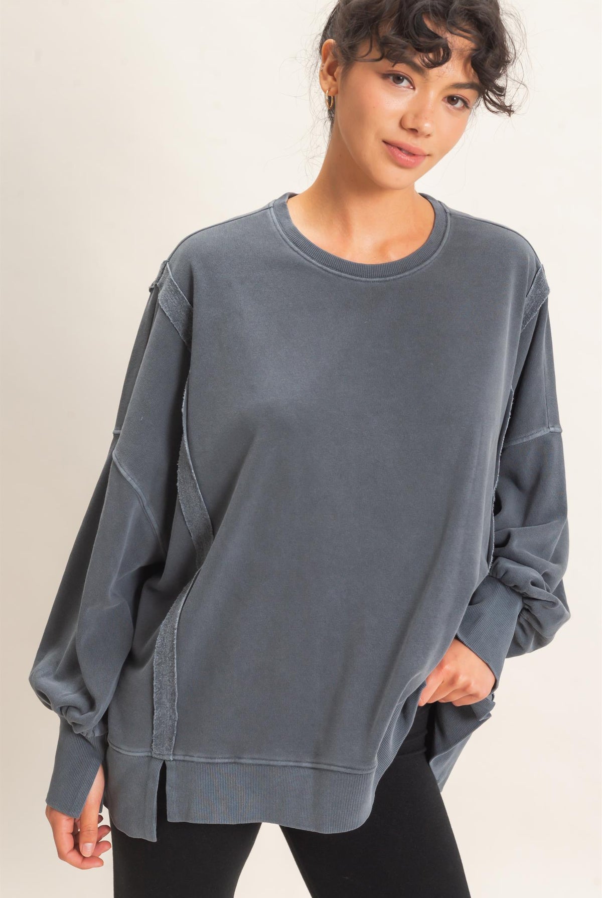 Wholesale Pigment Dye Oversized Raw Edge Sweatshirt Sweatshirts DZ26C737 DARK GRAY DOUBLE ZERO