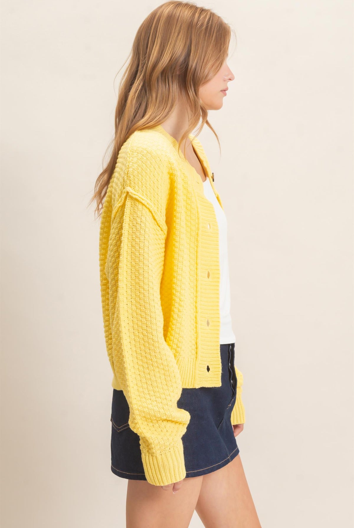 Wholesale Textured Knit Button-Front Cardigan Cardigans HF26C409 BUTTER YELLOW HYFVE