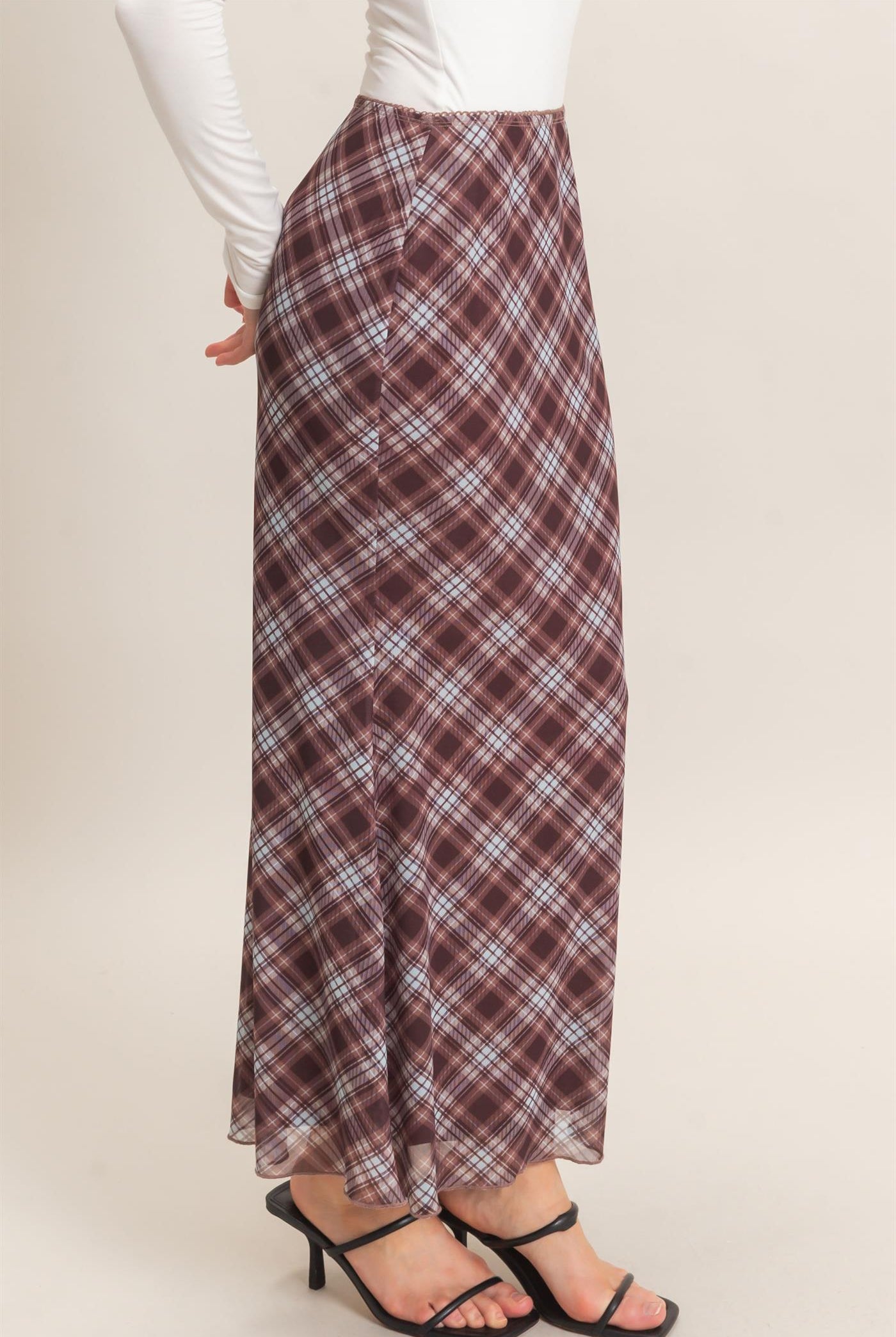 Wholesale Printed Mesh Maxi Skirt Skirts HF26F214 BROWN/PLAID HYFVE