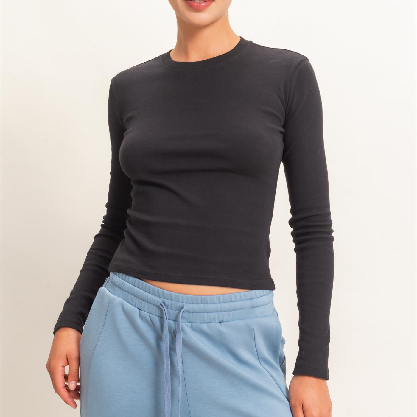 Wholesale Crew Neck Long Sleeve Top Clothing Tops DZ26E184 BLACK DOUBLE ZERO