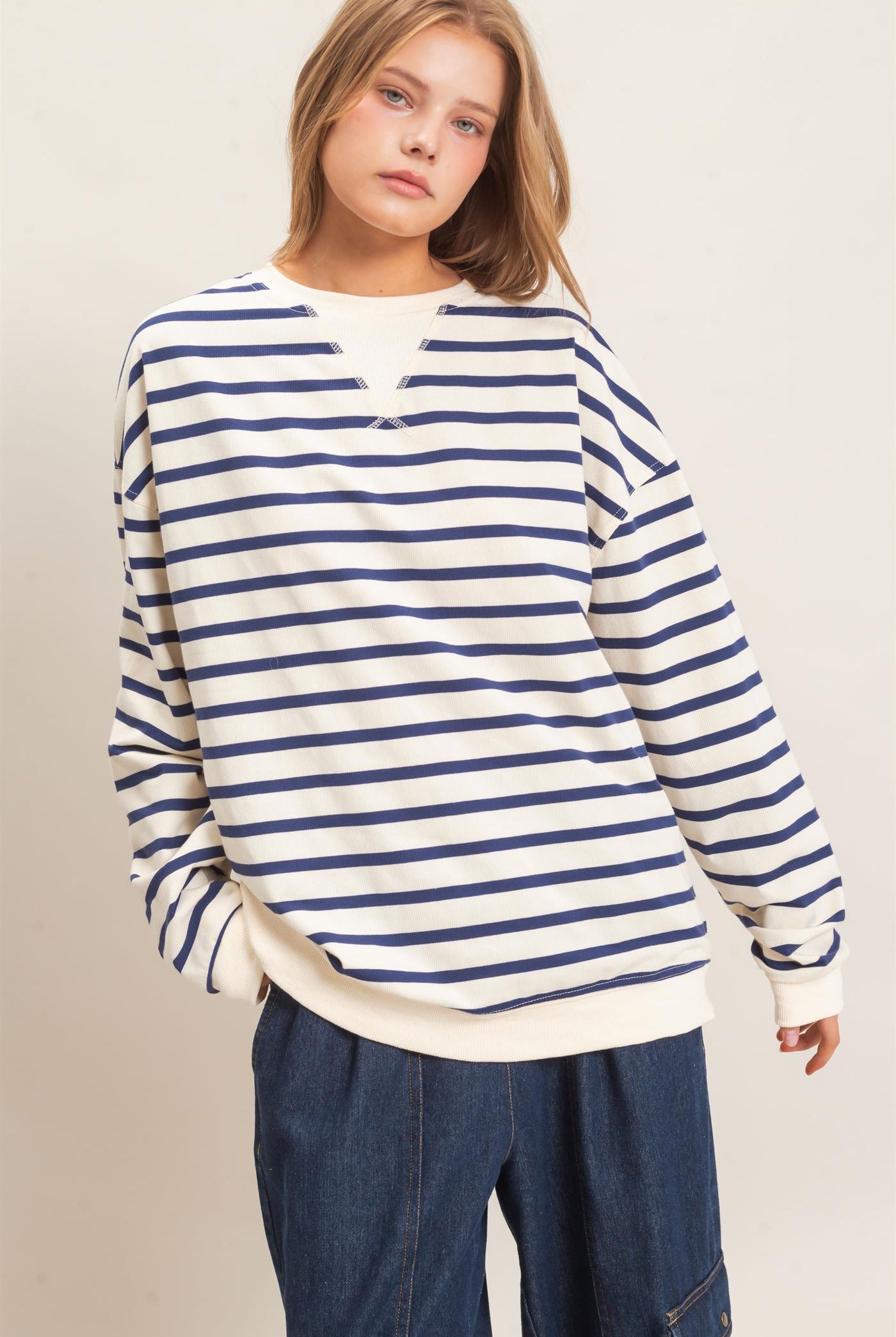 Wholesale Striped Long Sleeve Pullover Sweatshirts HF26F077 NAVY/CREAM HYFVE