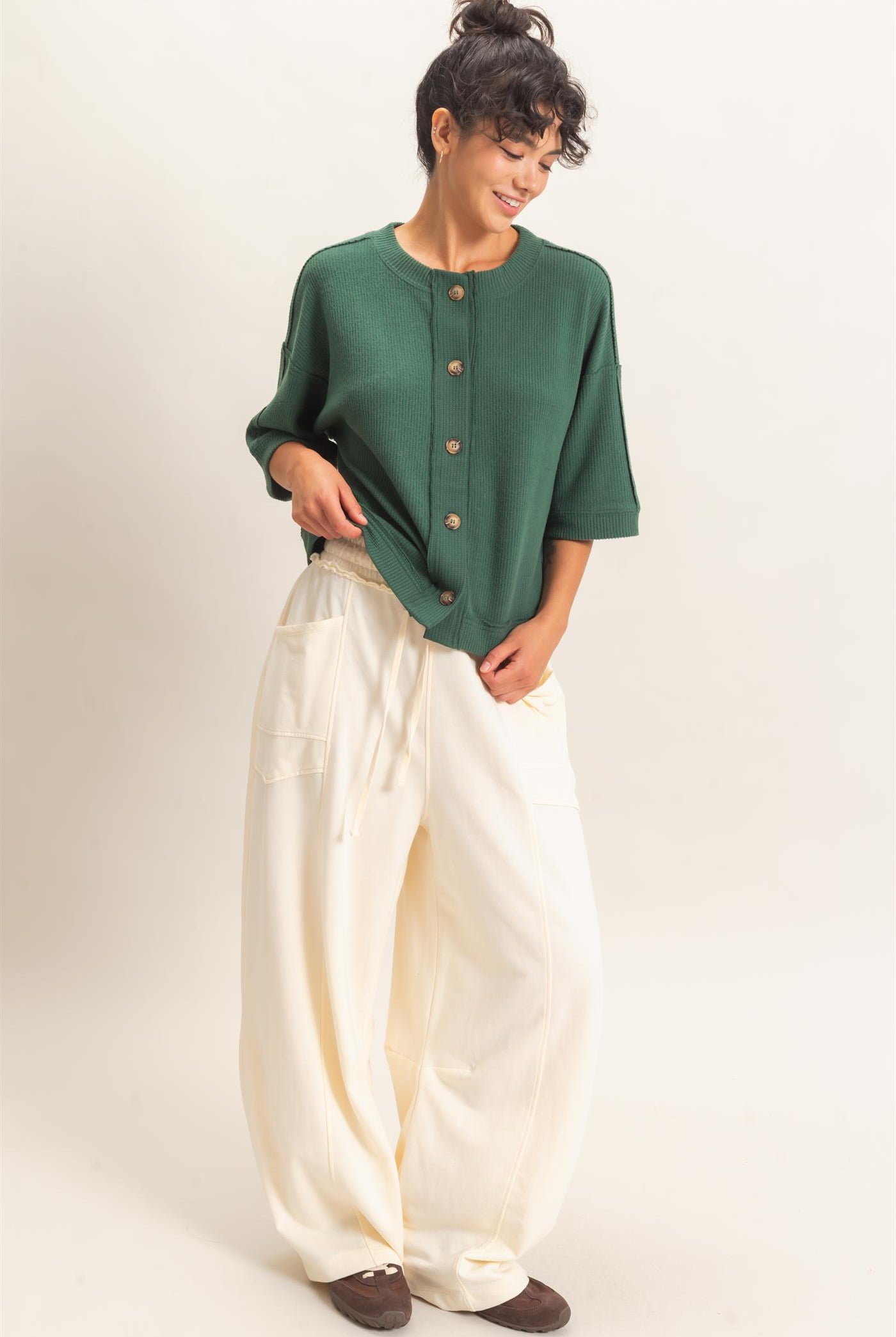 Wholesale Button-Down Short Sleeve Waffle Top Clothing Tops DZ26F244 DARK GREEN DOUBLE ZERO