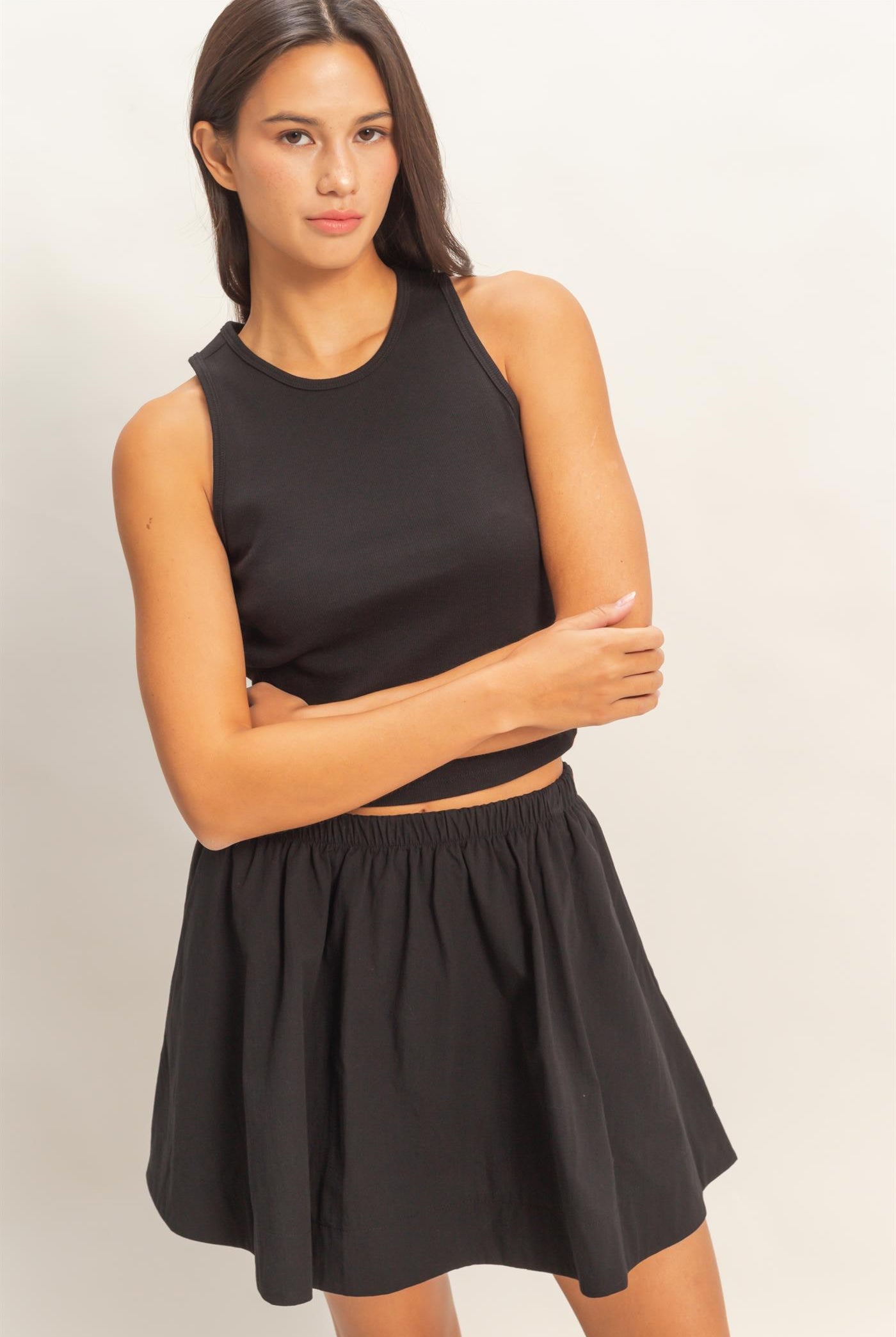 Wholesale Sleeveless Ribbed Top And Skirt Set Clothing DZ26C346-SET BLACK DOUBLE ZERO