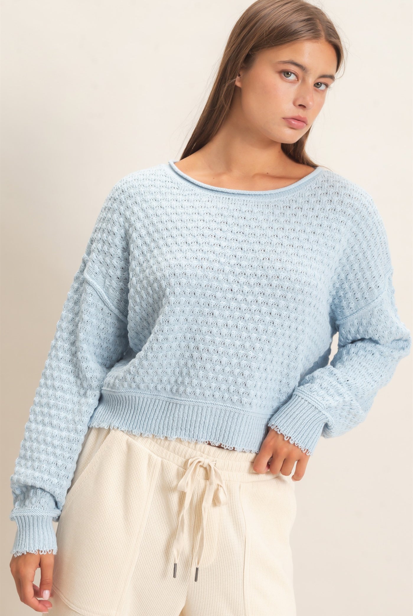 Wholesale Textured Boat Neck Sweater Sweaters DZ26E880 ICE BLUE DOUBLE ZERO
