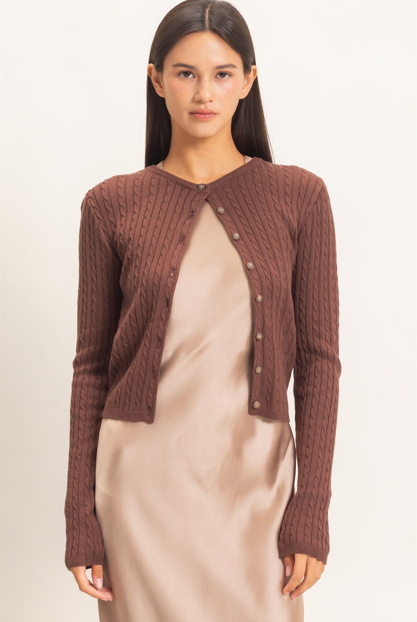 Wholesale Cable Knit Cardigan Cardigans DZ26E256 DARK BROWN DOUBLE ZERO