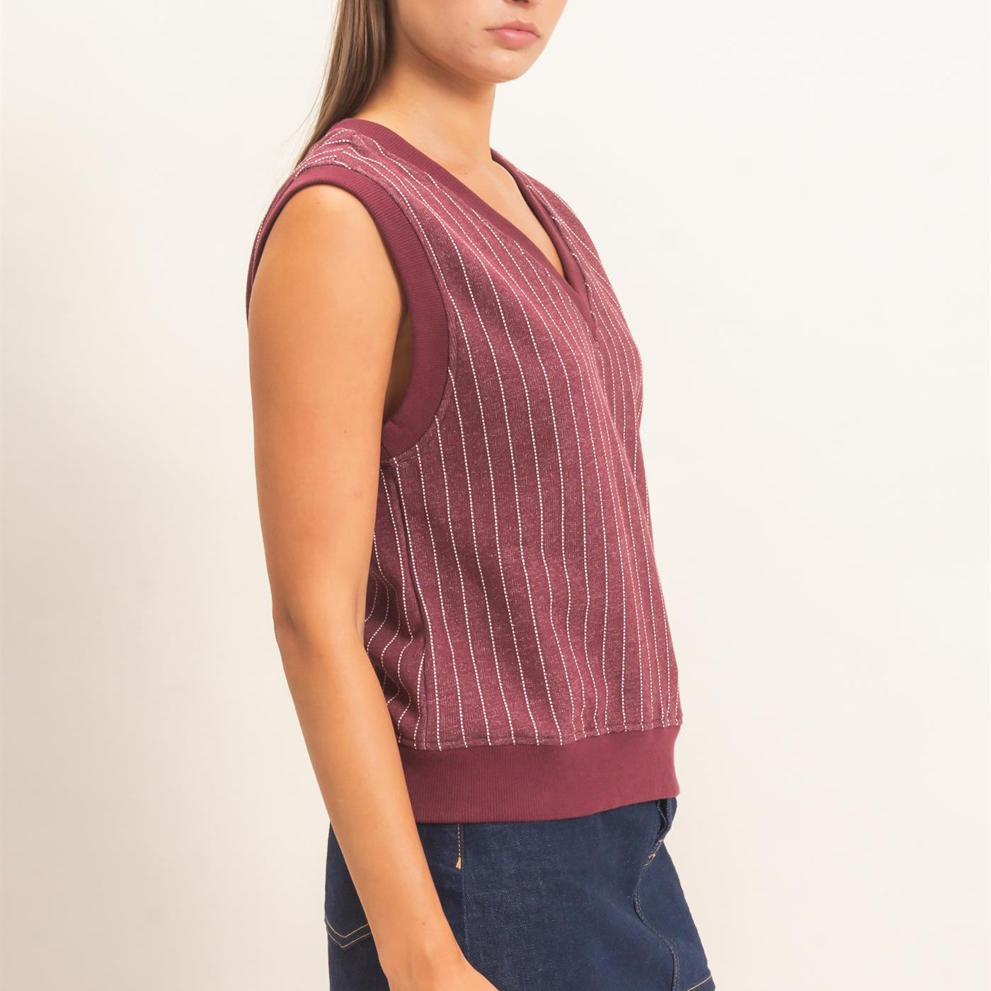 Wholesale V-Neck Pinstripe Sleeveless Top Clothing Tops DZ26E626 DARK CHERRY DOUBLE ZERO
