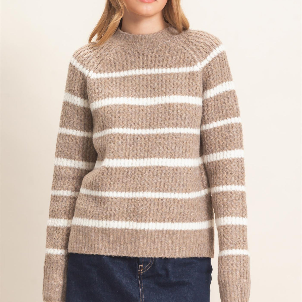 Wholesale Textured Striped Mock Neck Sweater Sweaters HF26E765 MOCHA HYFVE