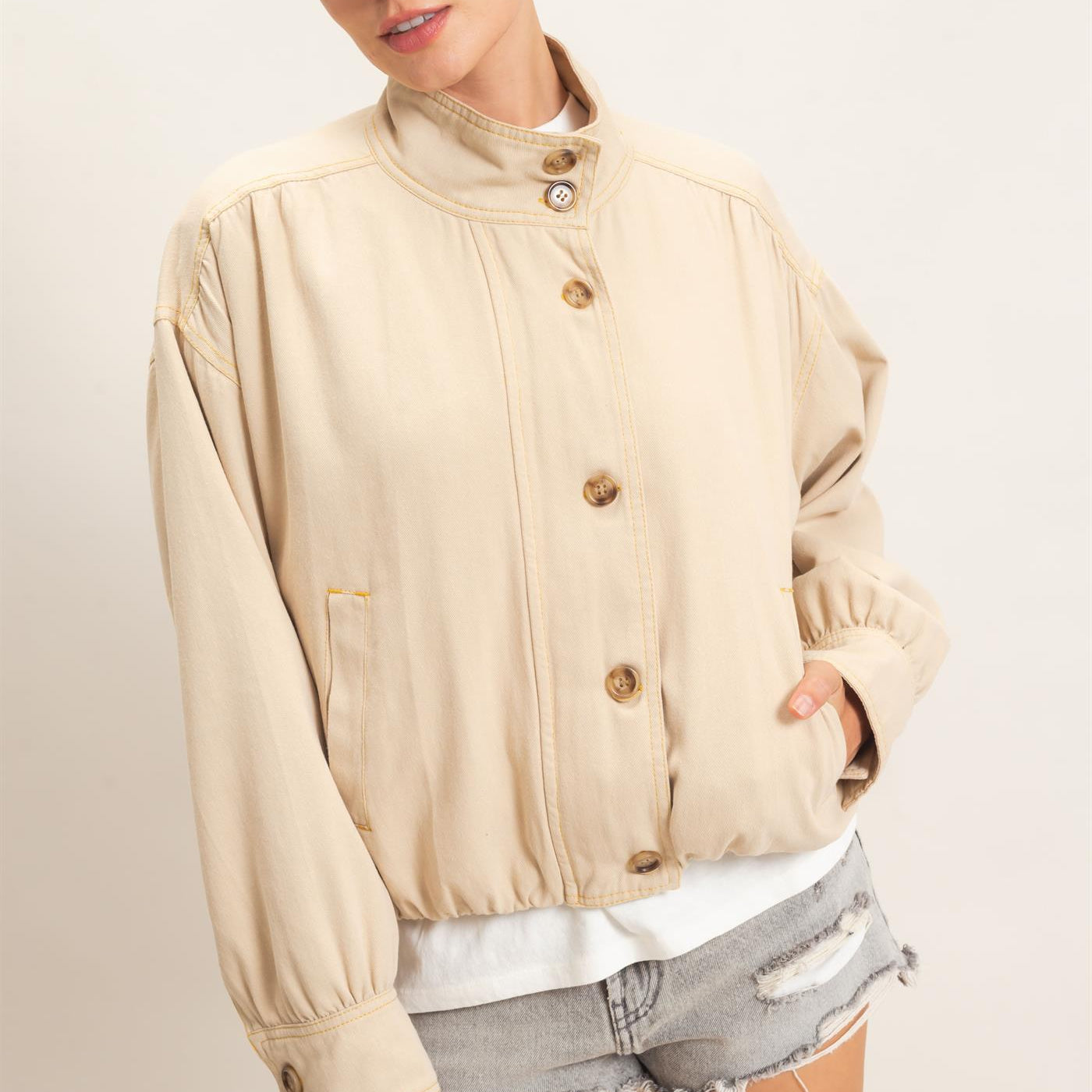 Wholesale High Collar Denim Bomber Jacket Coats & Jackets HF26E090-D BEIGE HYFVE