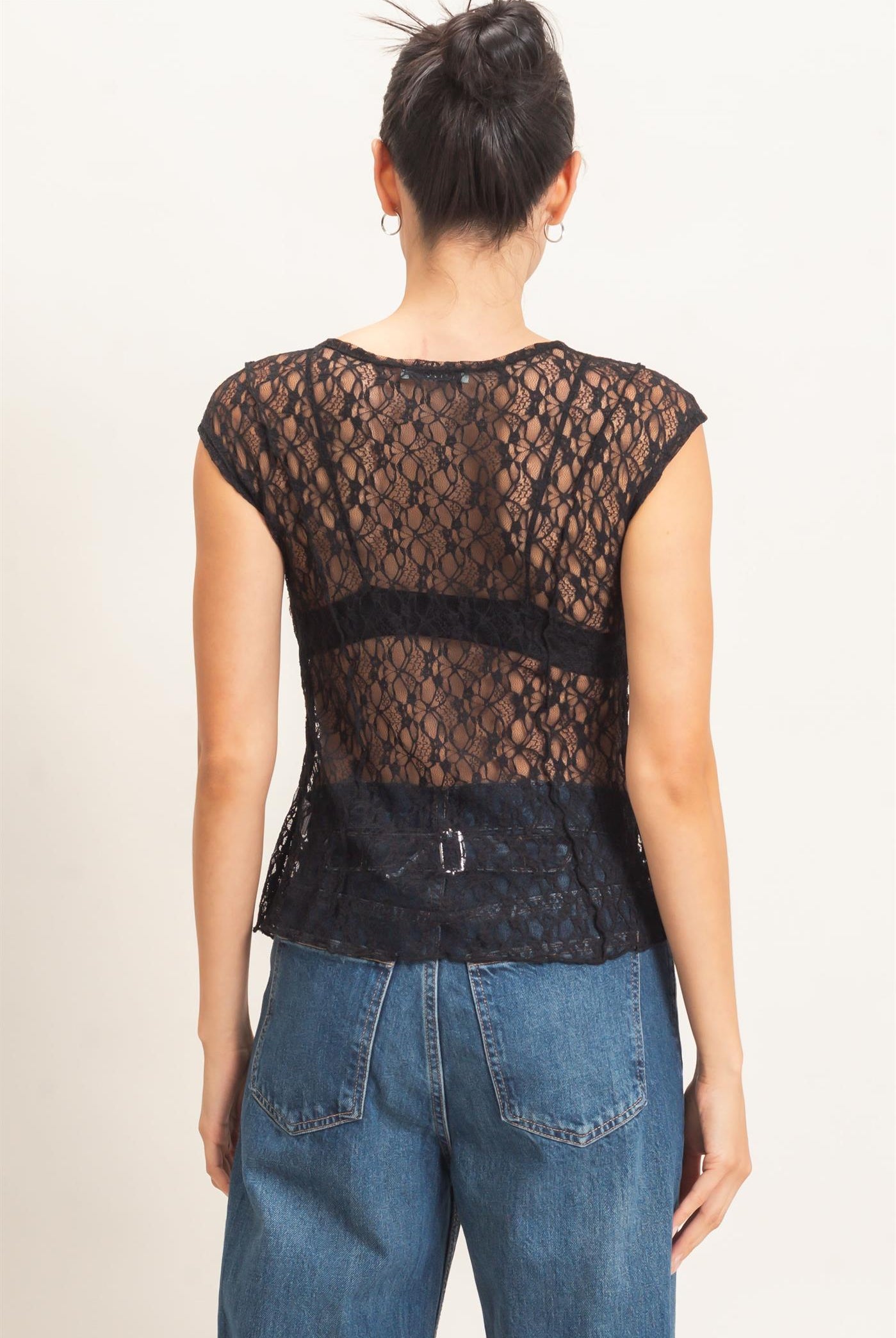 Wholesale Lace Cap Sleeve Top Clothing Tops HF26E672 BLACK HYFVE