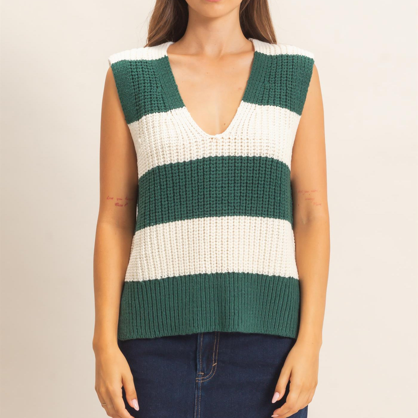 Wholesale V-Neck Striped Sweater Vest Sweaters HF26E482-D GREEN HYFVE