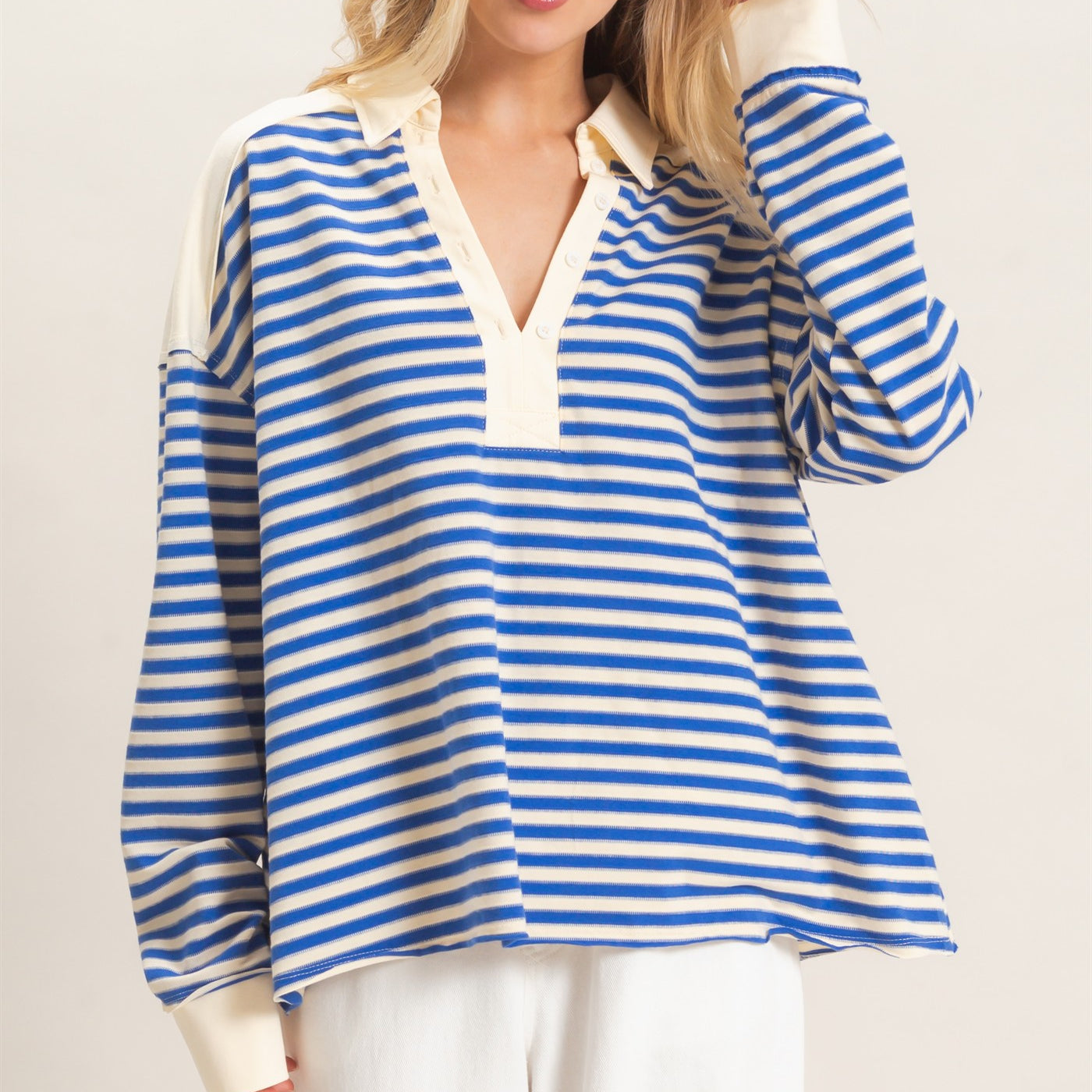 Wholesale Striped Henley Sweatshirt Clothing Tops HF26F089 BLUE HYFVE