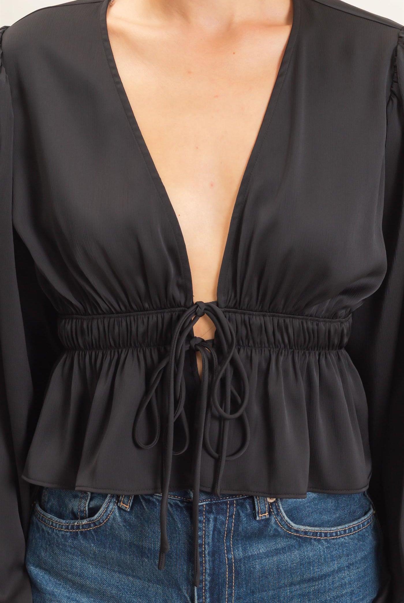 Wholesale Plunging Tie-Front Blouse Blouses HF26F082 BLACK HYFVE