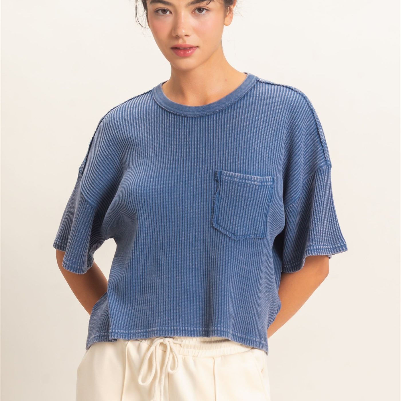 Wholesale Mineral Wash Waffle Knit Pocket Top Clothing Tops DZ26E222 NAVY DOUBLE ZERO