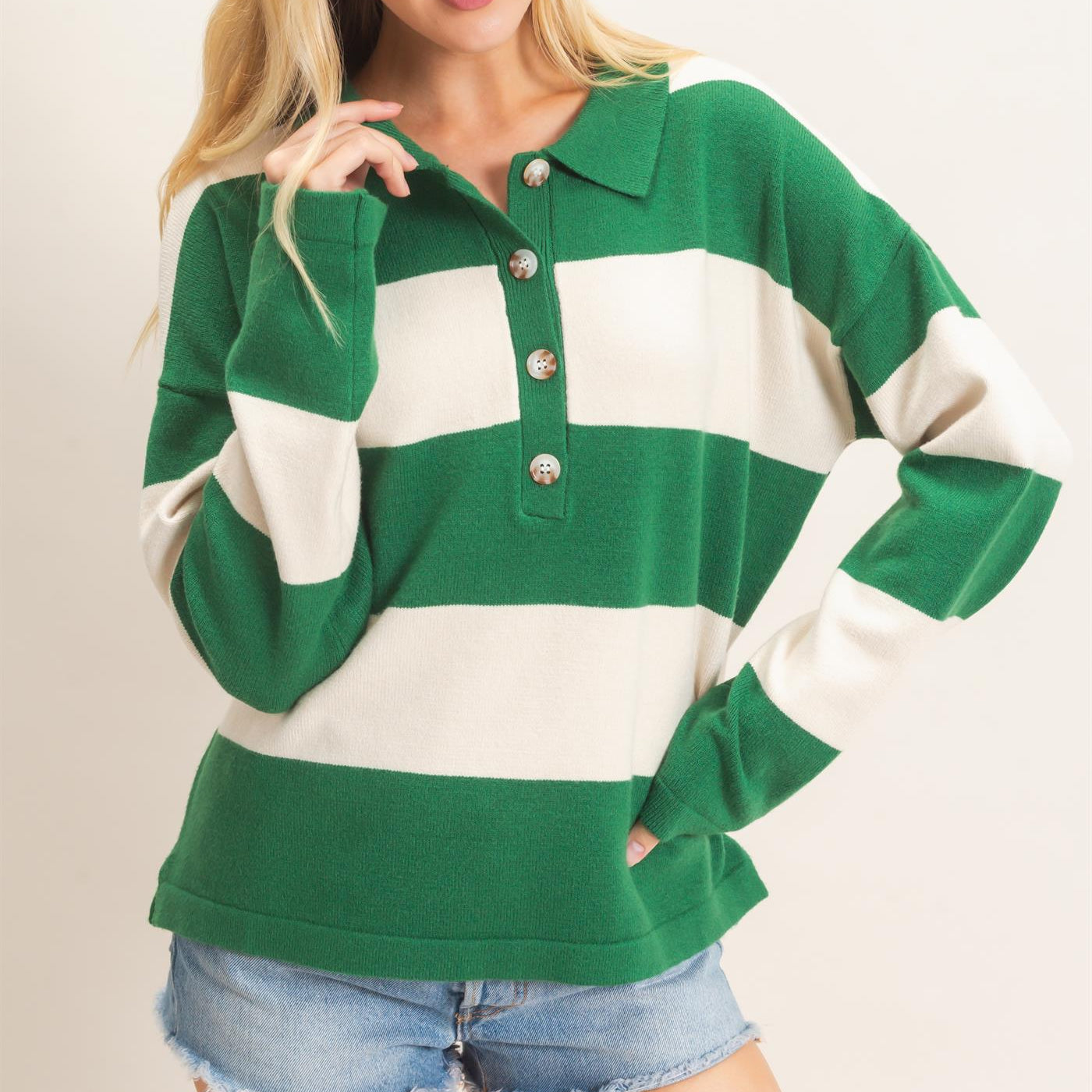 Wholesale Striped Button-Up Sweater Sweaters HF26F198 GREEN HYFVE