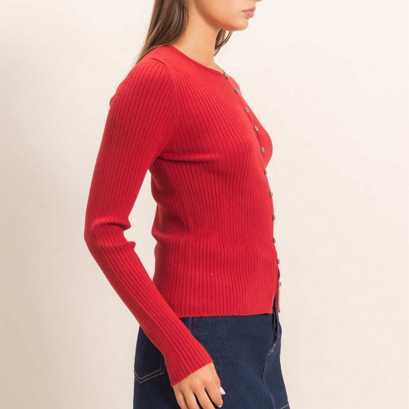 Wholesale Ribbed Button Front Cardigan Cardigans DZ26E322 DARK RED DOUBLE ZERO