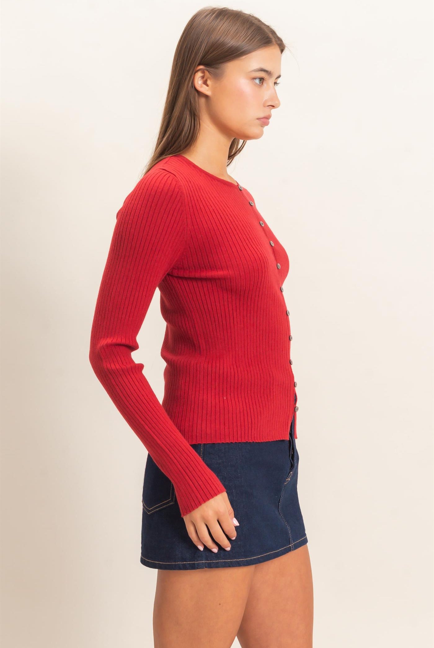 Wholesale Ribbed Button Front Cardigan Cardigans DZ26E322 DARK RED DOUBLE ZERO