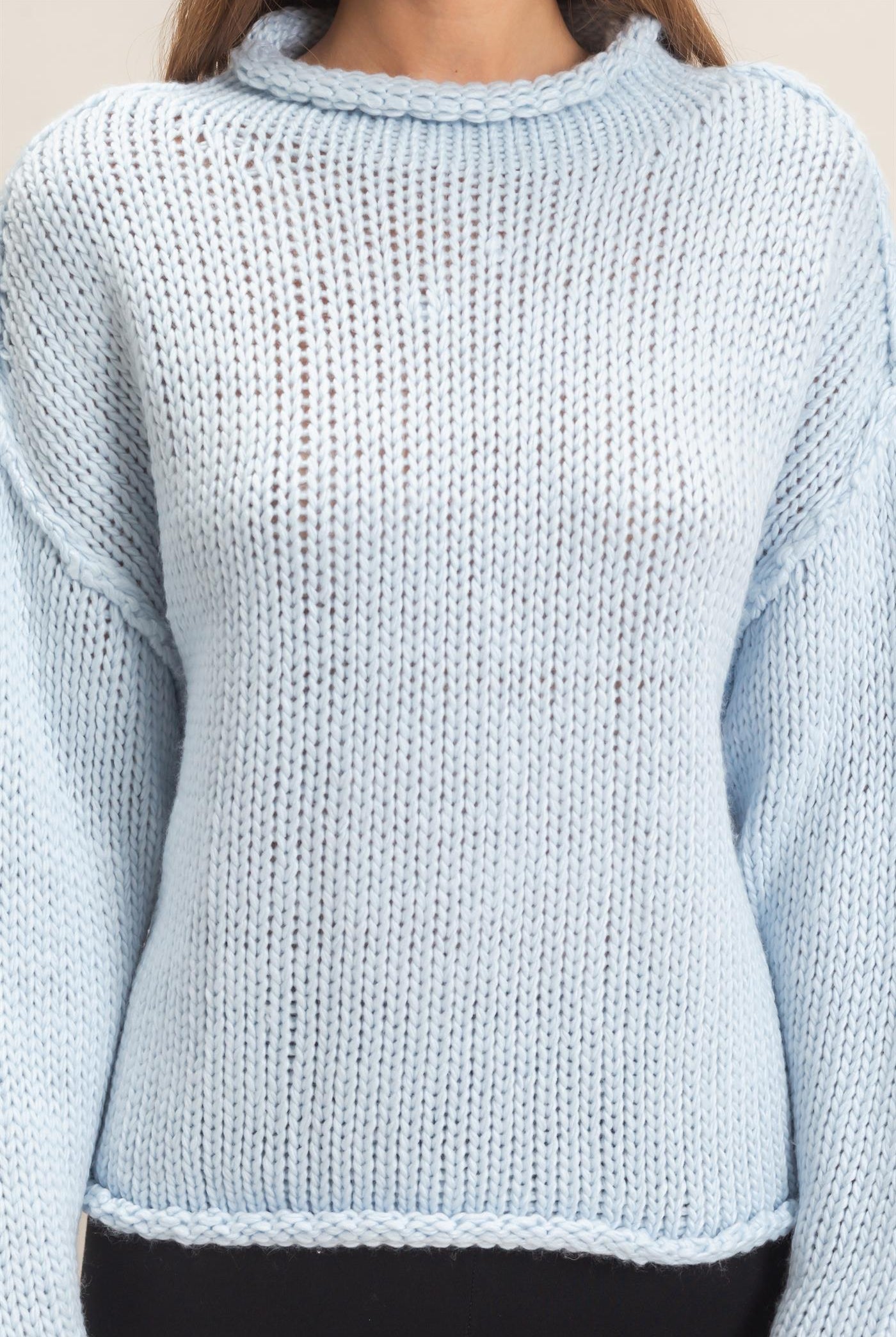 Wholesale Rolled Collar Loose Knit Sweater Sweaters HF26C859 LIGHT BLUE HYFVE