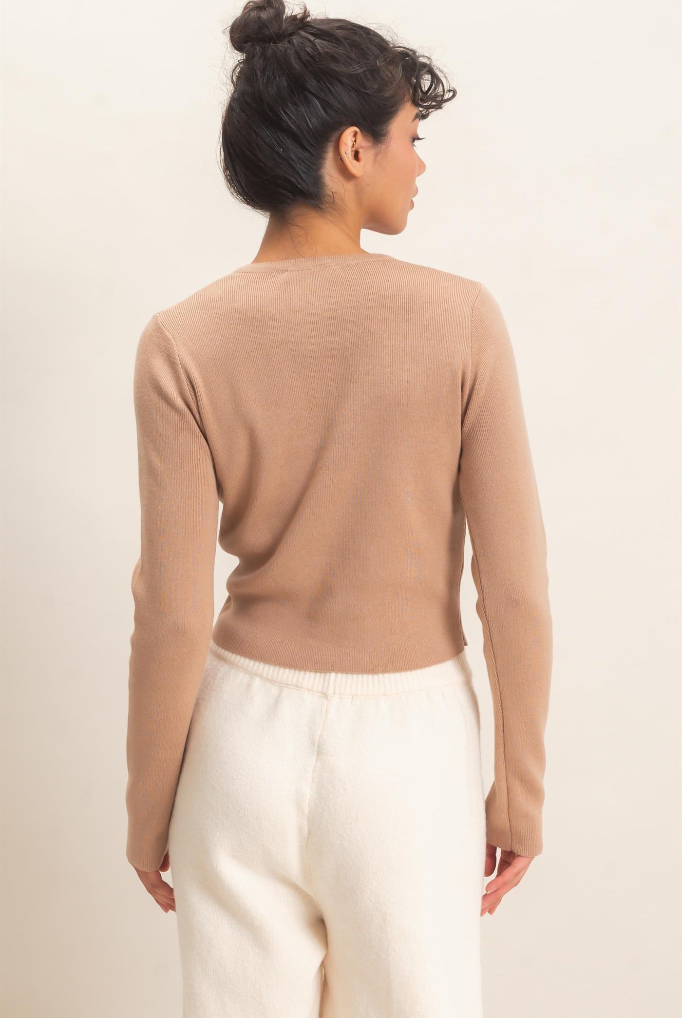 Wholesale Ribbed Crew Neck Cardigan Cardigans DZ27A153 DARK TAUPE DOUBLE ZERO