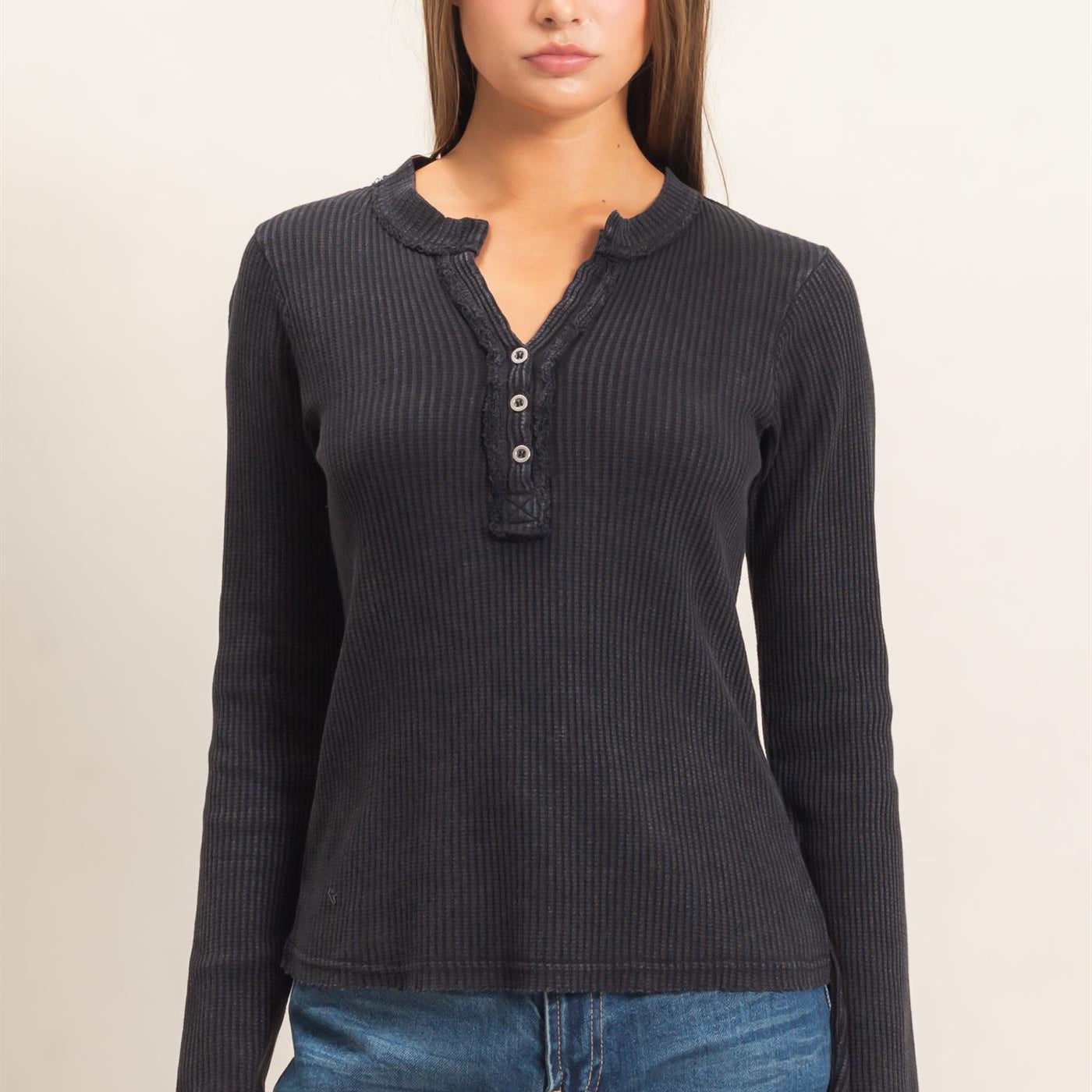 Wholesale Mineral Wash Waffle Henley Long Sleeve Top Clothing Tops DZ26E243 BLACK DOUBLE ZERO