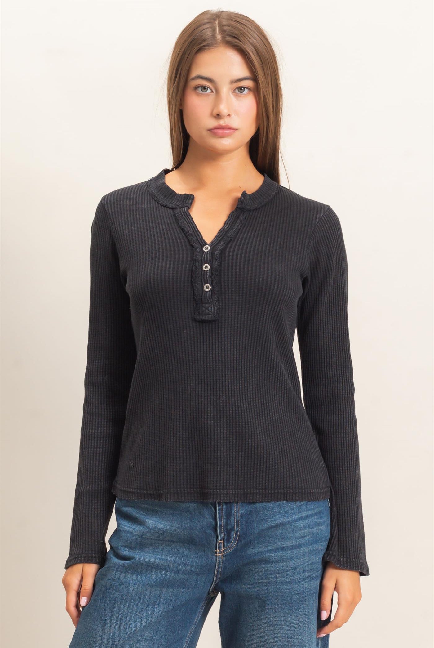 Wholesale Mineral Wash Waffle Henley Long Sleeve Top Clothing Tops DZ26E243 BLACK DOUBLE ZERO