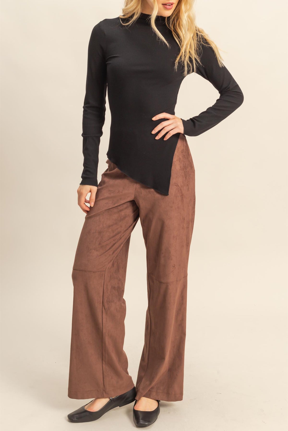 Wholesale Suede Wide-Leg Pants With Tailored Fit Pants HF26A592 CHESTNUT HYFVE