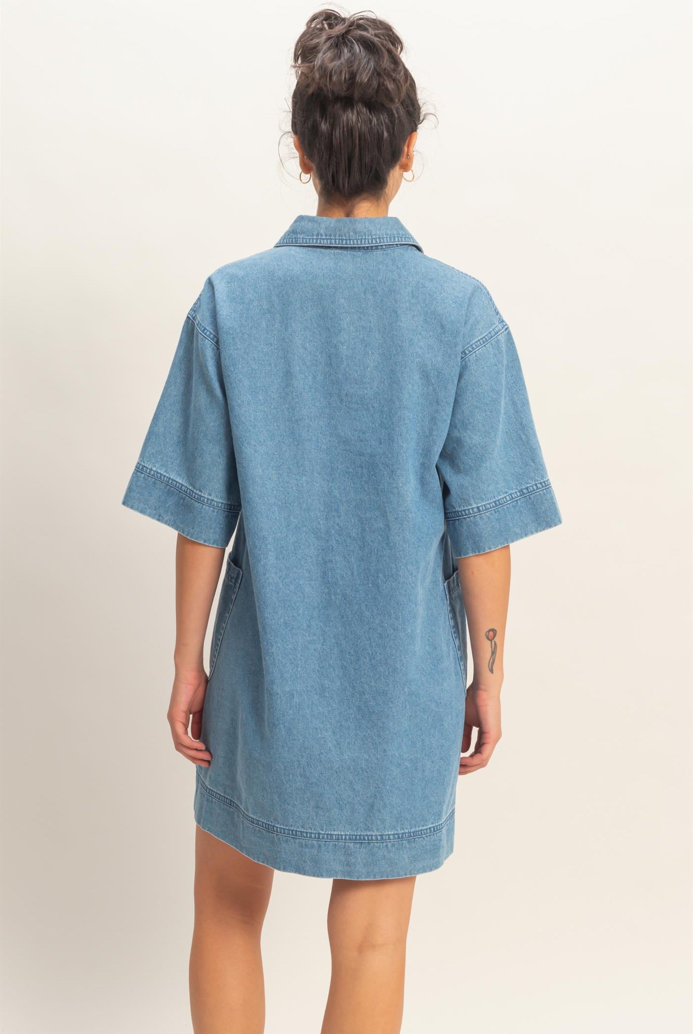 Wholesale Denim Collar Tunic Dress Dresses DZ25F163 MEDIUM BLUE DOUBLE ZERO
