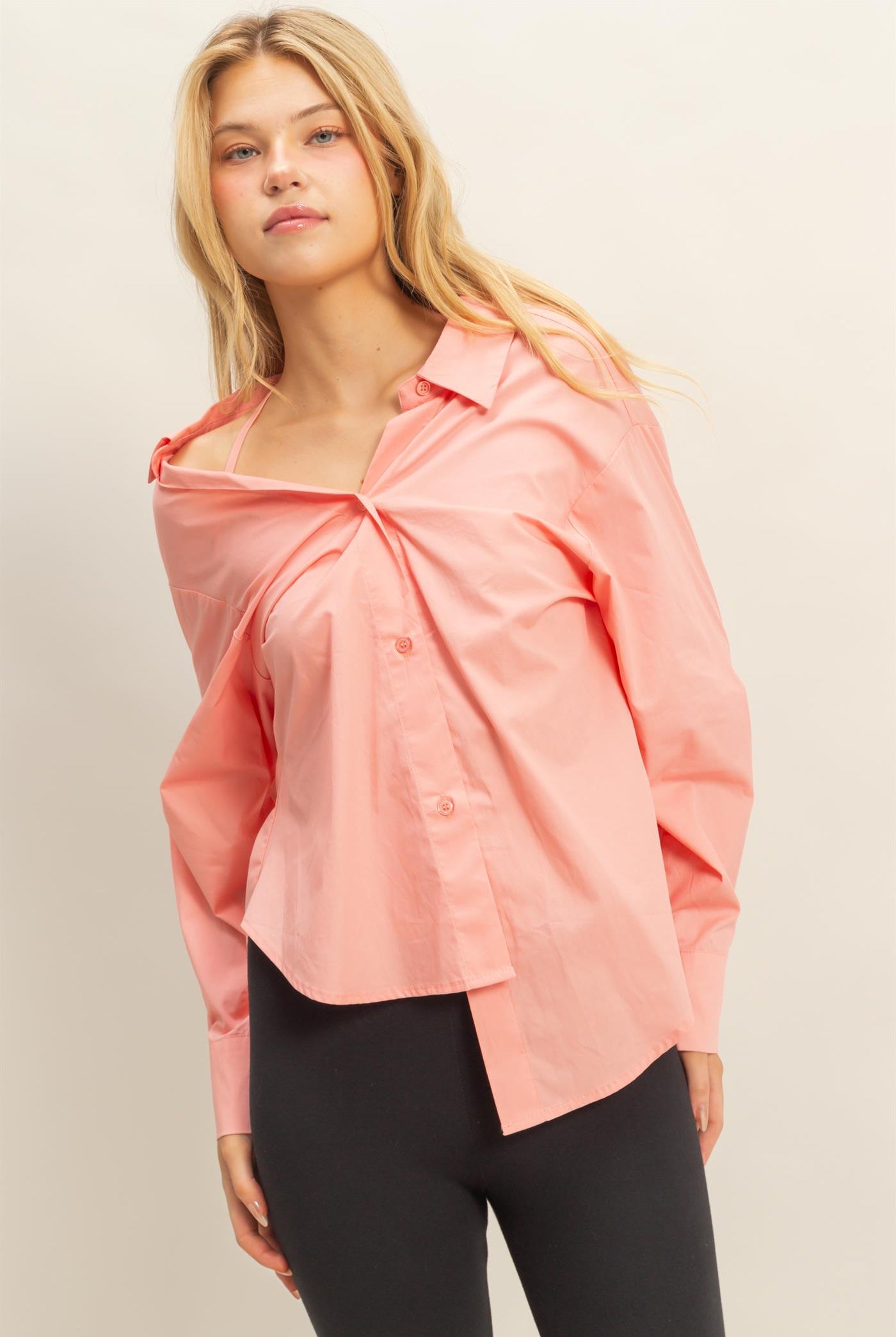 Wholesale Off-The-Shoulder Asymmetrcal Button-Up Shirt Clothing Tops HF22G139 BLUSH HYFVE