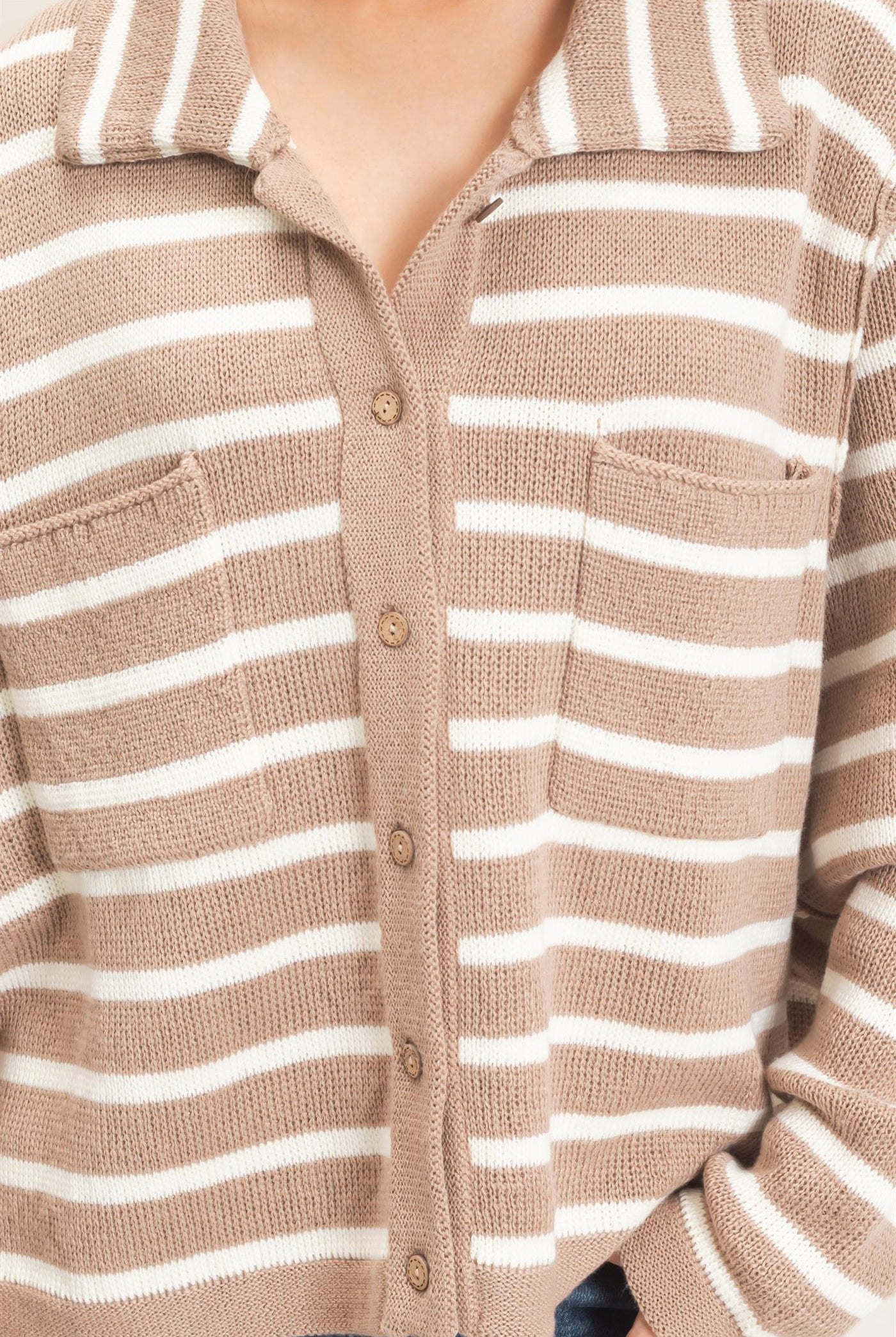 Wholesale Striped Button Front Cardigan Sweaters HF26F197 TAUPE HYFVE