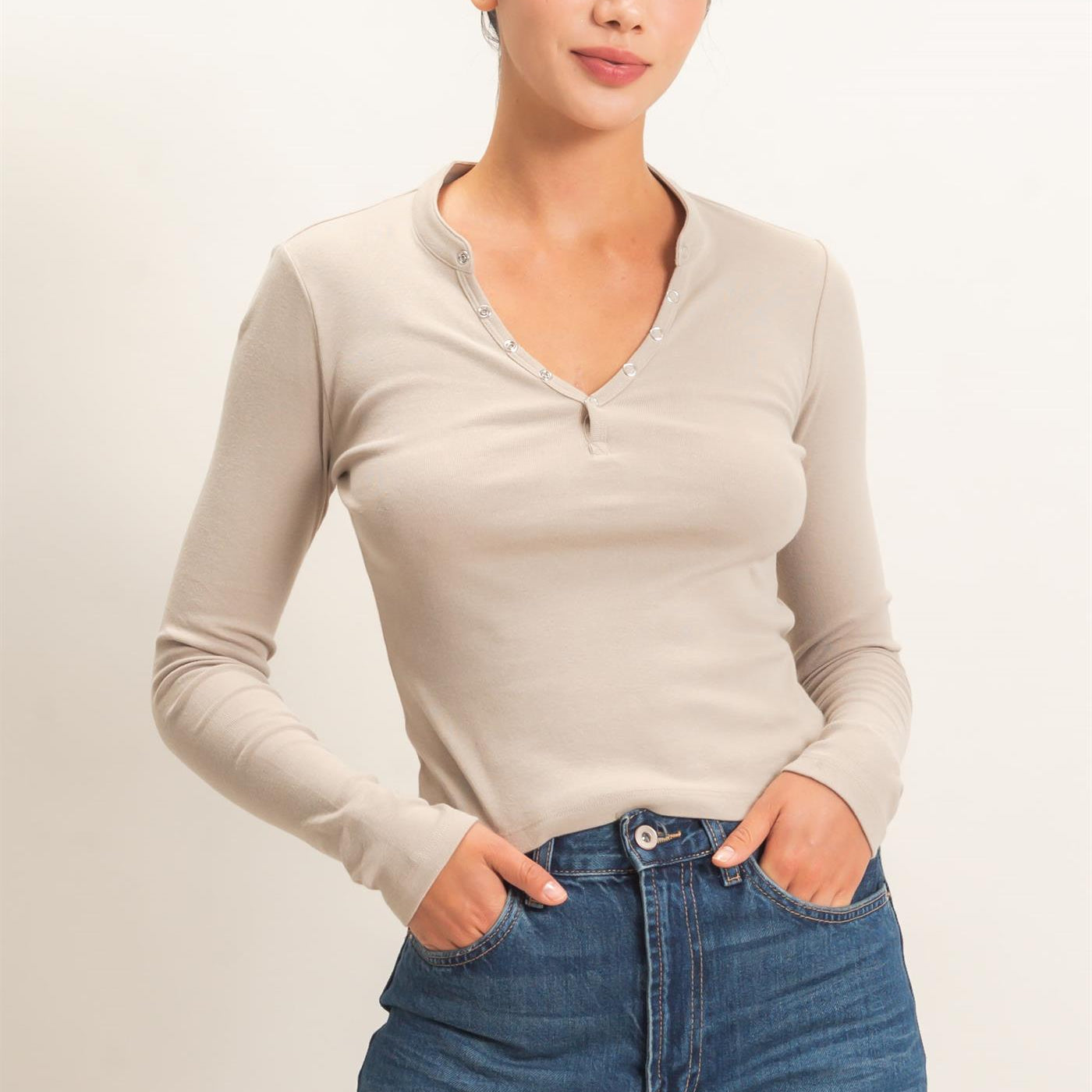 Wholesale Long Sleeve Henley Top Clothing Tops DZ26E865 WARM GRAY DOUBLE ZERO