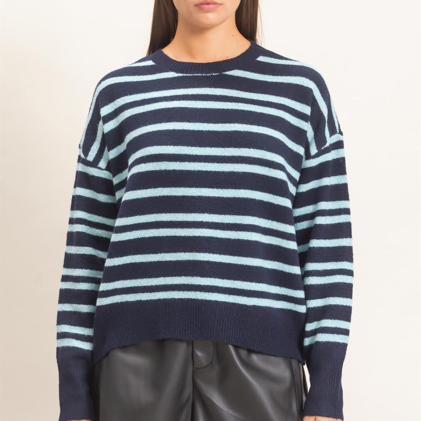 Wholesale Striped Crew Neck Sweater Sweaters DZ26E389 NAVY DOUBLE ZERO