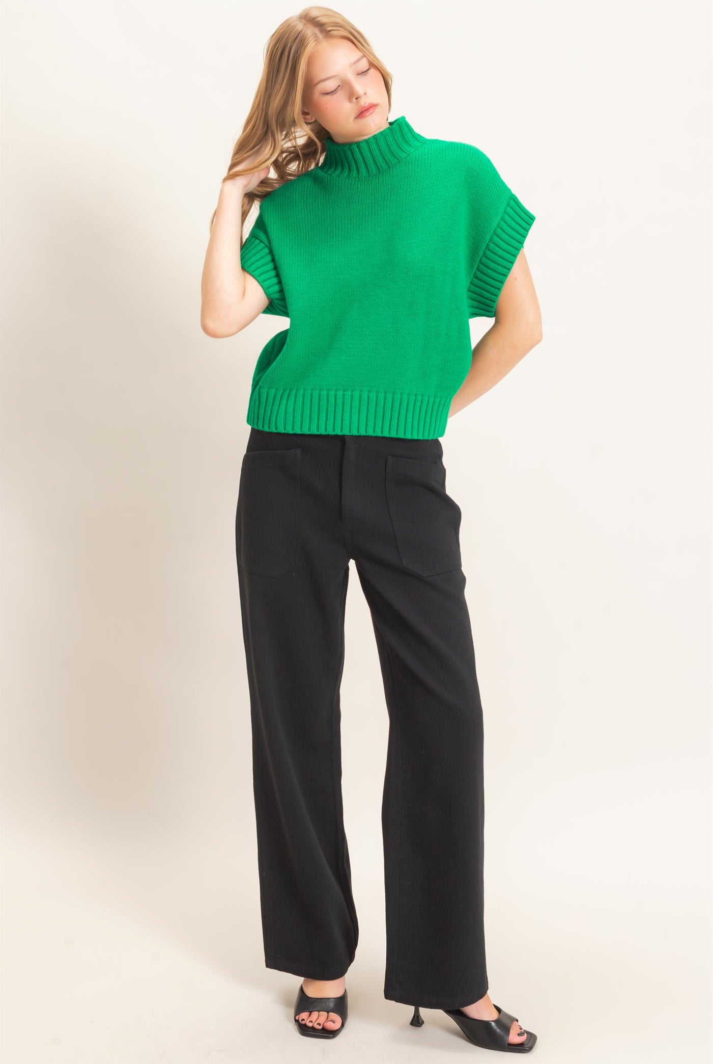 Wholesale Ribbed Mock Neck Sweater Vest Sweaters HF26F186-D GREEN HYFVE