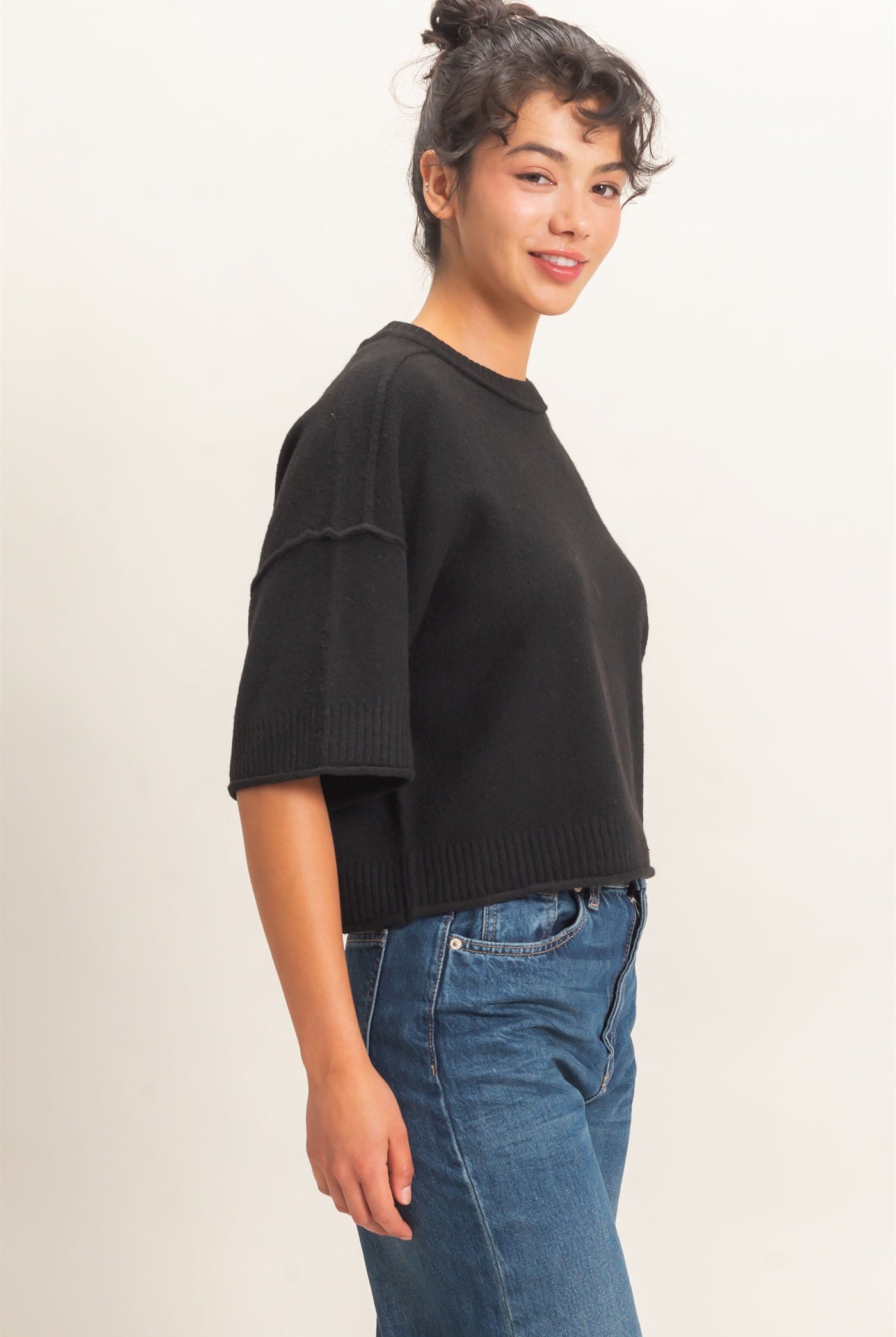 Wholesale Seam Detail Short Sleeve Knit Top Clothing Tops DZ26A827 BLACK DOUBLE ZERO