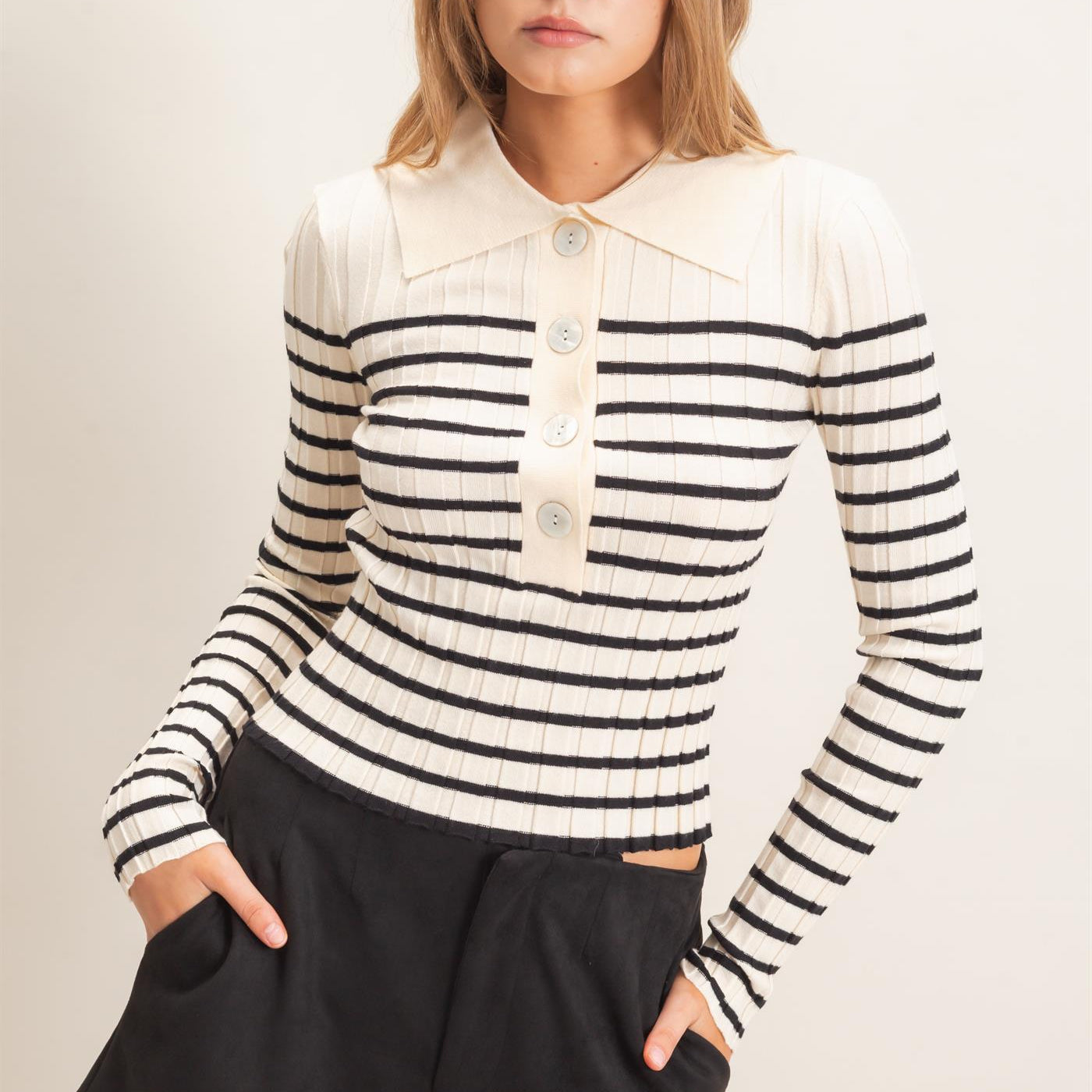 Wholesale Ribbed Collared Sweater Sweaters HF26E534 CREAM HYFVE