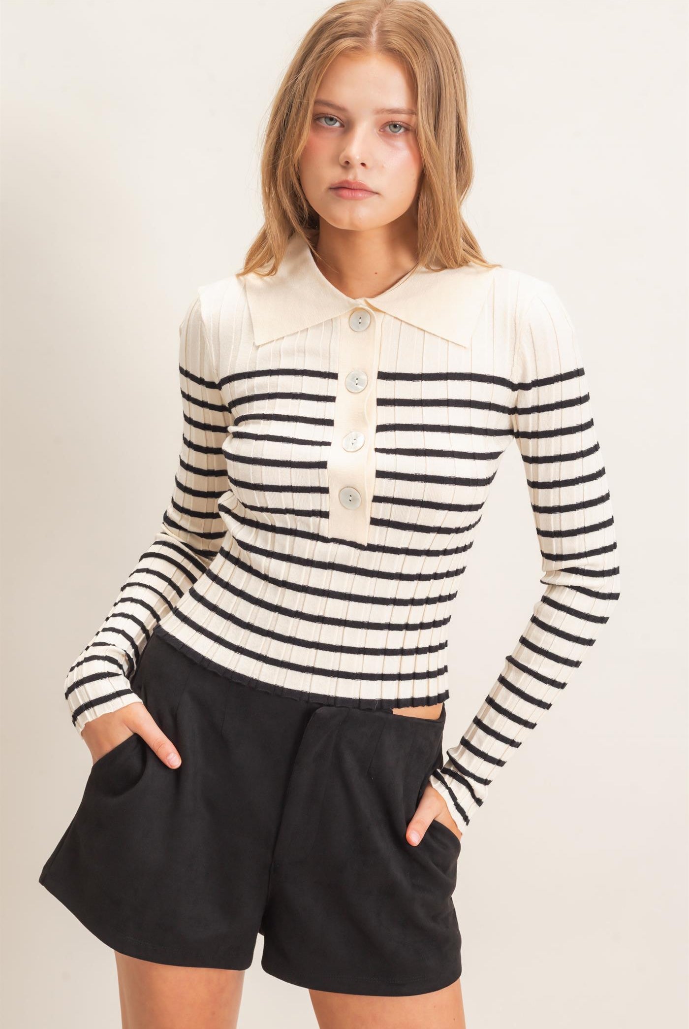 Wholesale Ribbed Collared Sweater Sweaters HF26E534 CREAM HYFVE