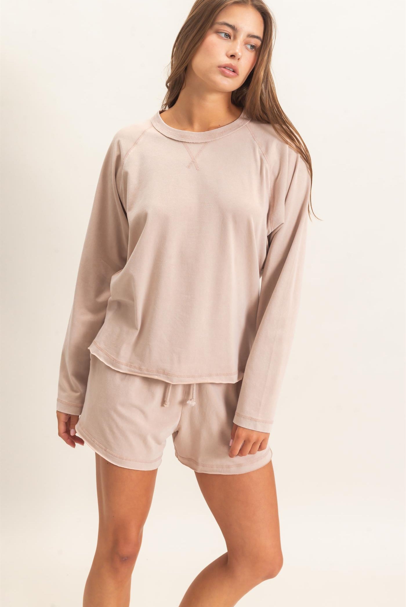 Wholesale Mineral Wash Long Sleeve Raw Edge Top & Shorts Set Clothing DZ26F403-SET DARK TAUPE DOUBLE ZERO