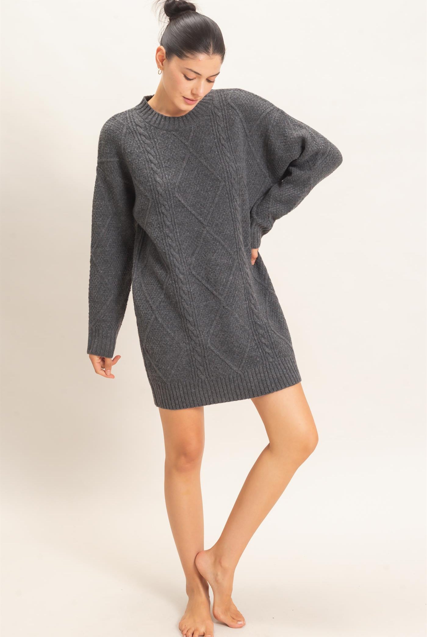 Wholesale Cable Knit Crew Neck Dress Dresses HF26F006 CHARCOAL HYFVE
