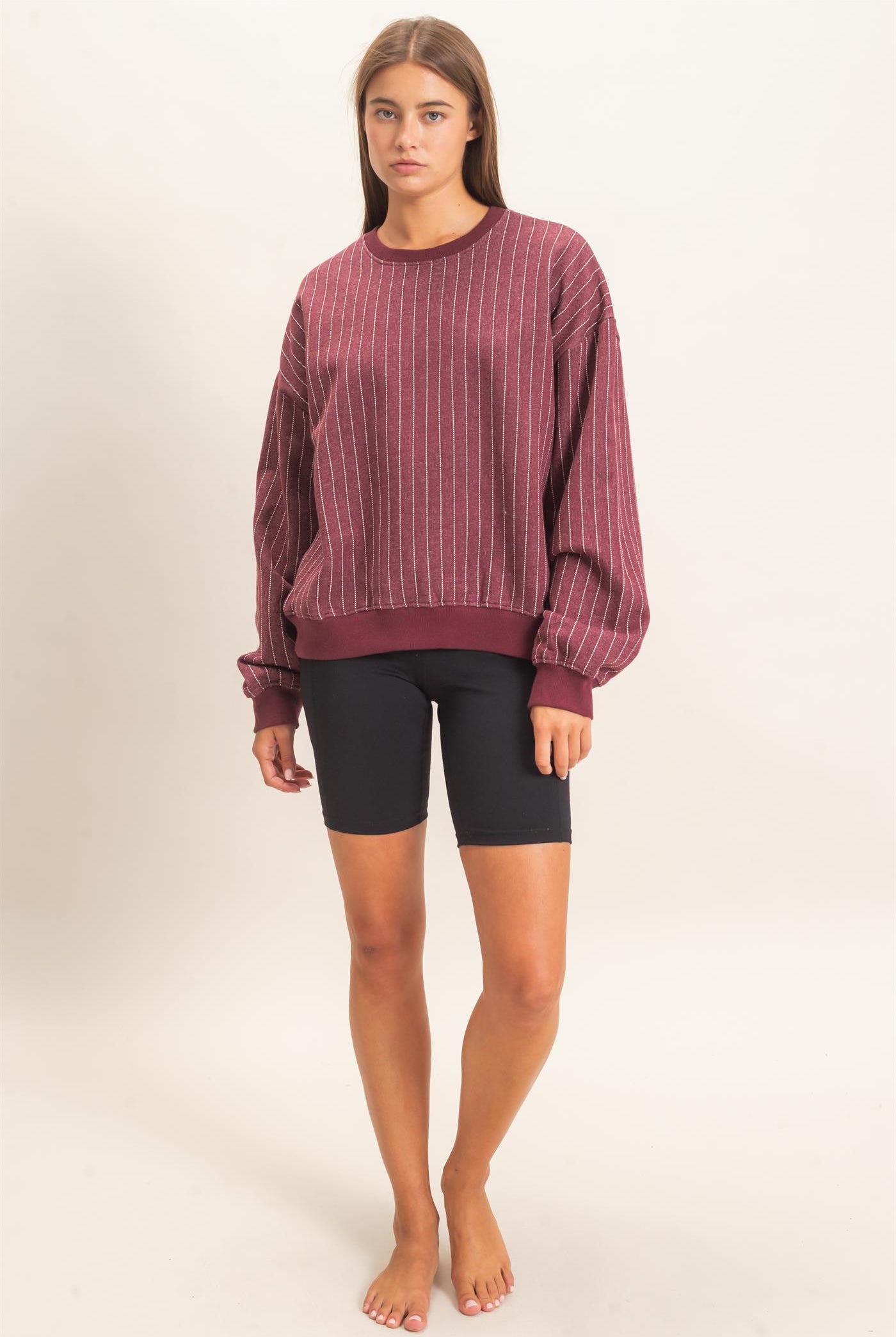 Wholesale Pinstripe Crew Neck Sweatshirt Sweatshirts DZ26E627 DARK CHERRY DOUBLE ZERO