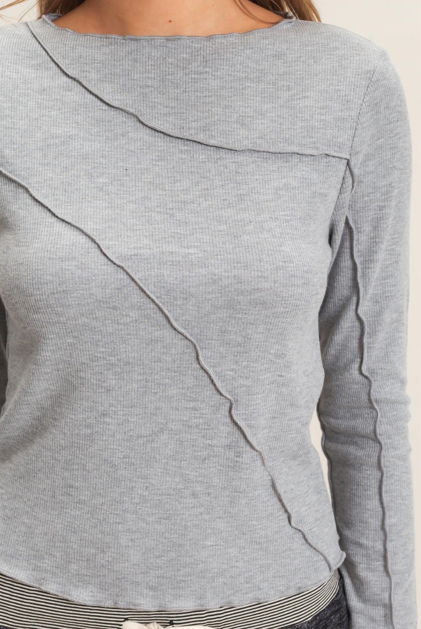 Wholesale Ruffled Ribbed Long Sleeve Top Clothing Tops HF26F085 HEATHER GRAY HYFVE