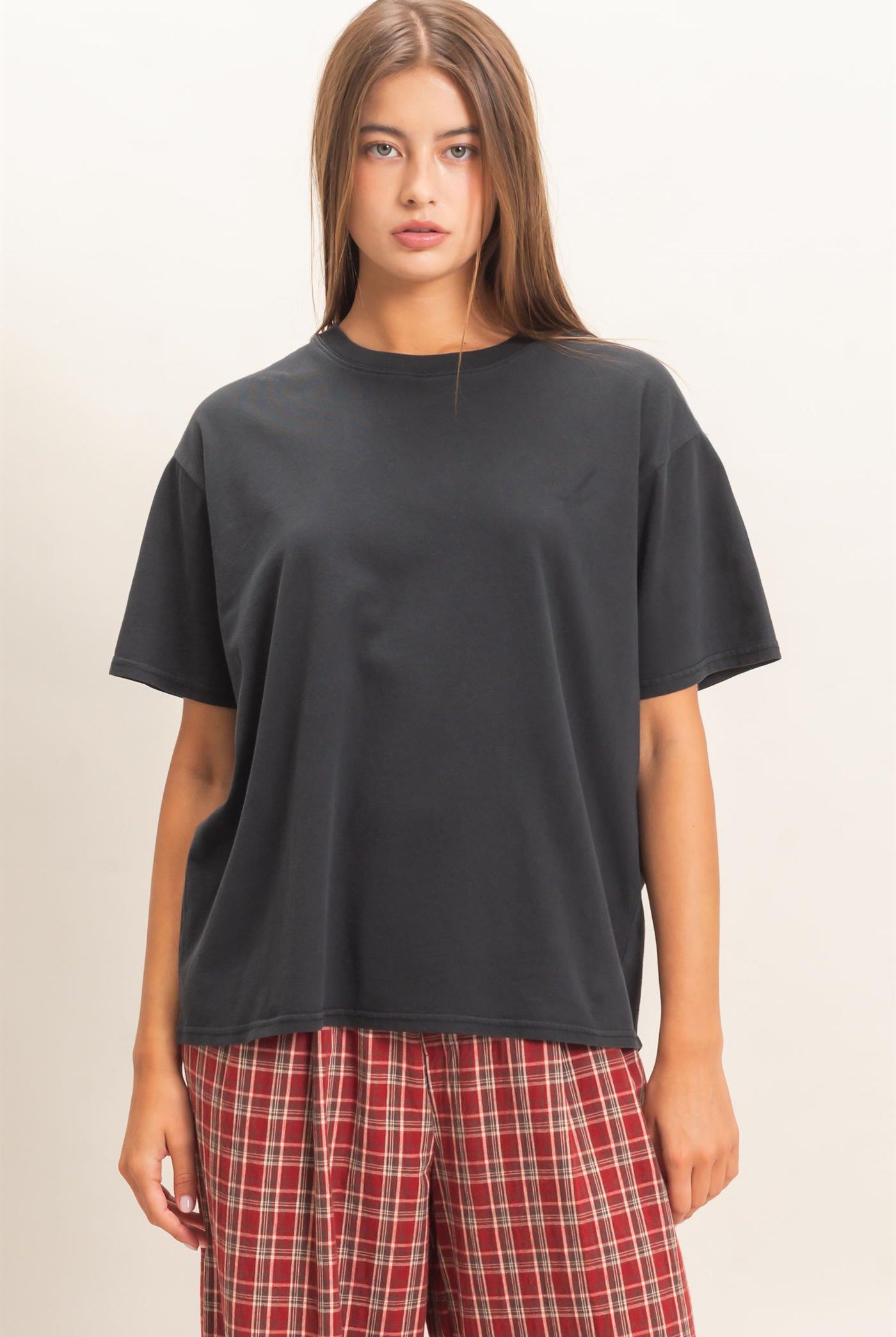 Wholesale Crew Neck Pigment Dye T-Shirt Clothing Tops DZ26E448 BLACK DOUBLE ZERO
