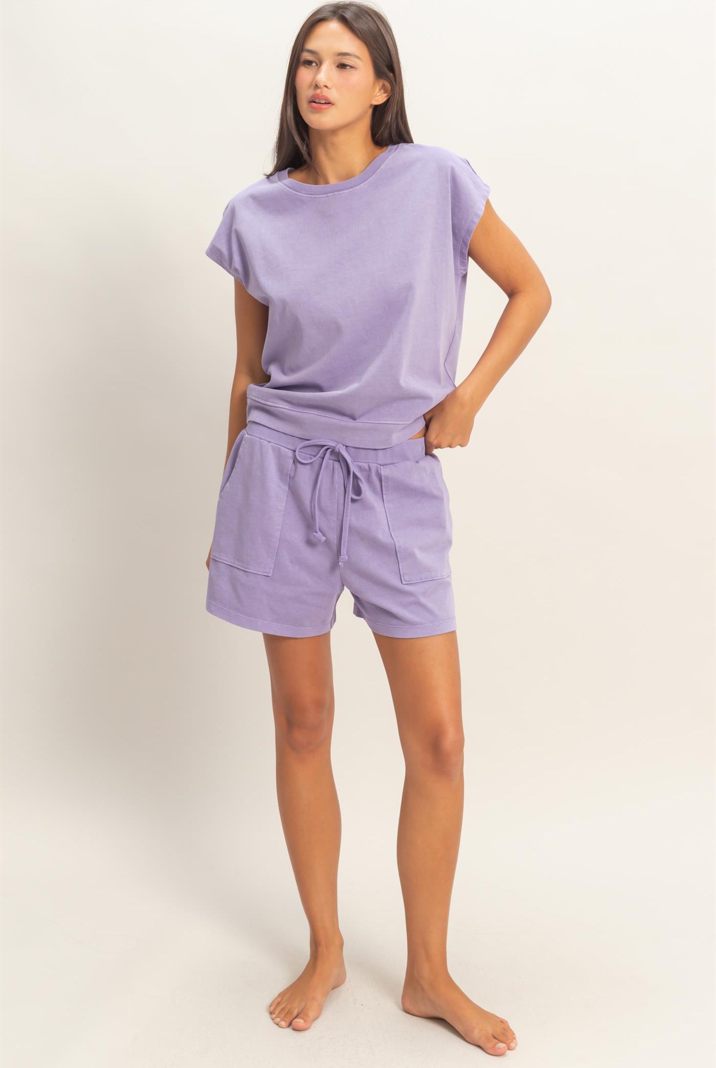 Wholesale Sleeveless Crew Neck Top and Shorts Set Clothing DZ26A028-SET DUSTY PURPLE DOUBLE ZERO