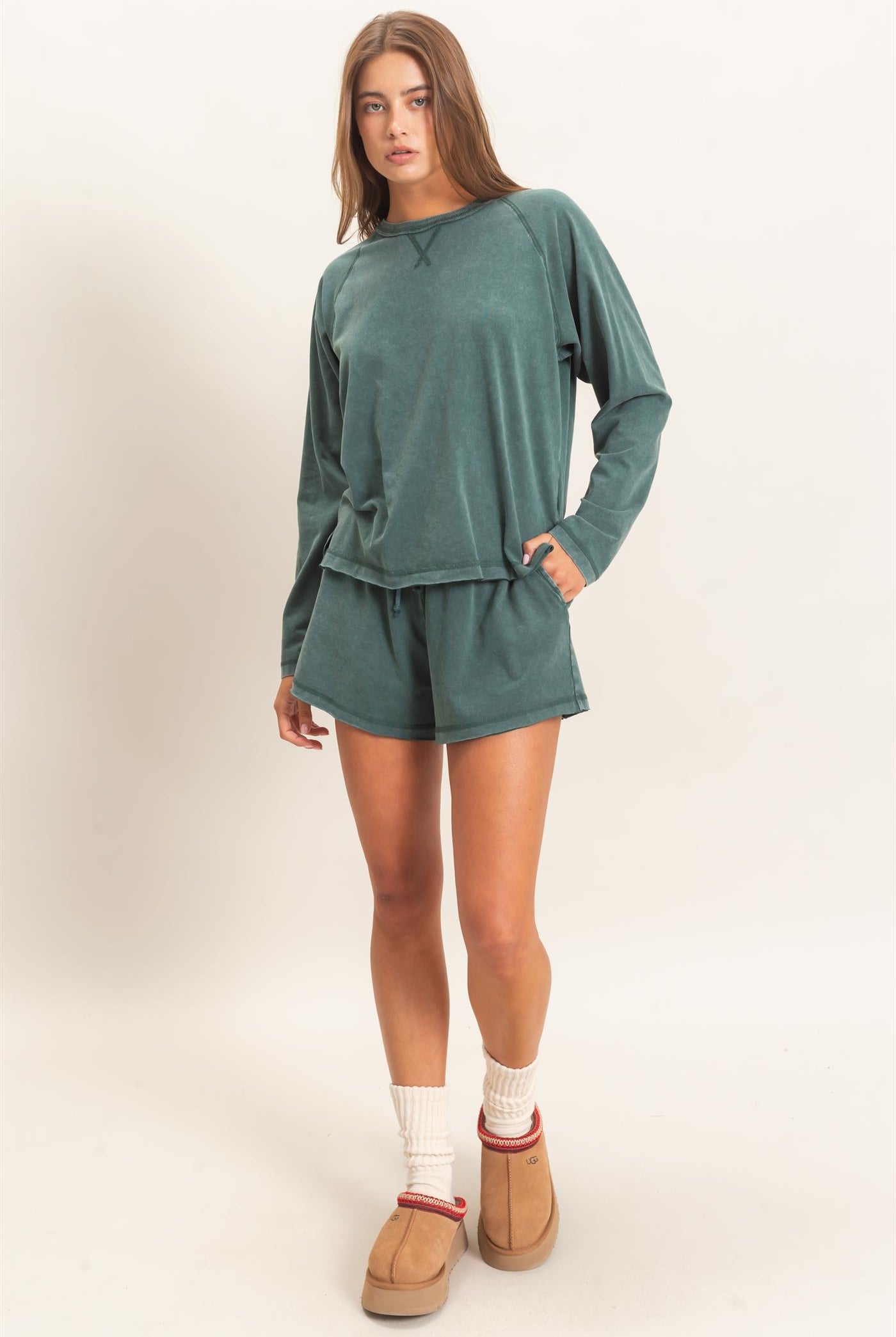 Wholesale Mineral Wash Long Sleeve Raw Edge Top & Shorts Set Clothing DZ26F403-SET DARK GREEN DOUBLE ZERO