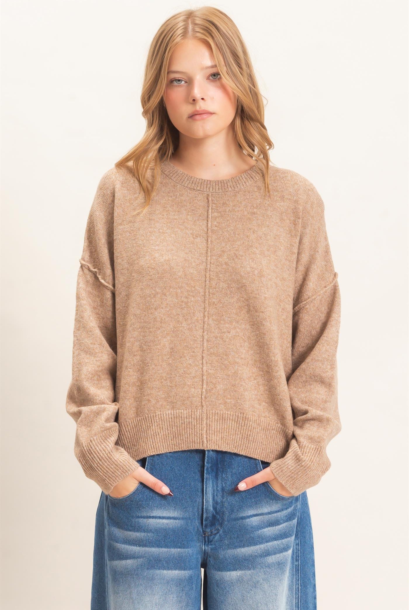 Wholesale Crew Neck Sweater With Ribbed Hem Sweaters HF26E203-D DARK TAUPE HYFVE