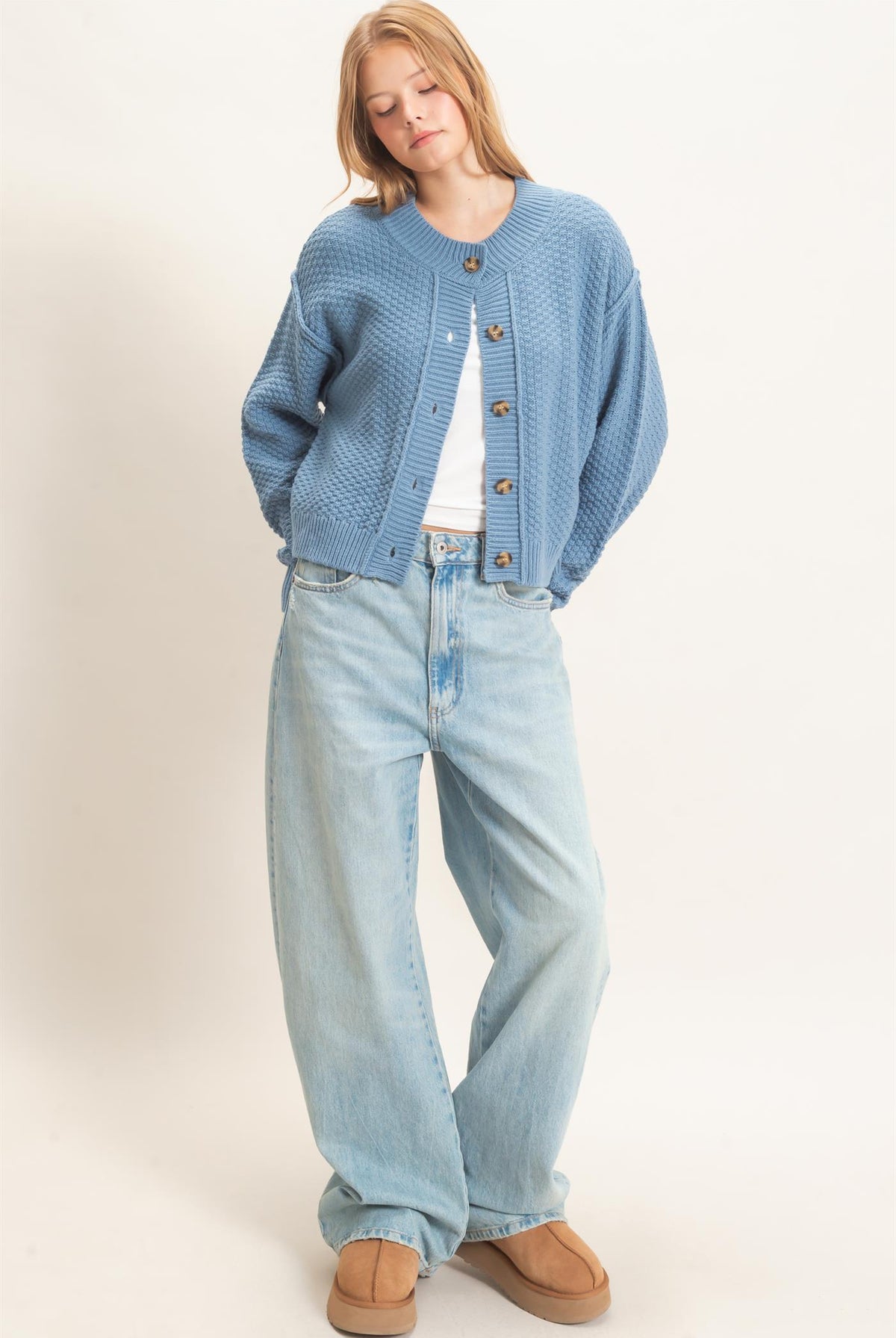 Wholesale Textured Knit Button-Front Cardigan Cardigans HF26C409 BLUE HYFVE