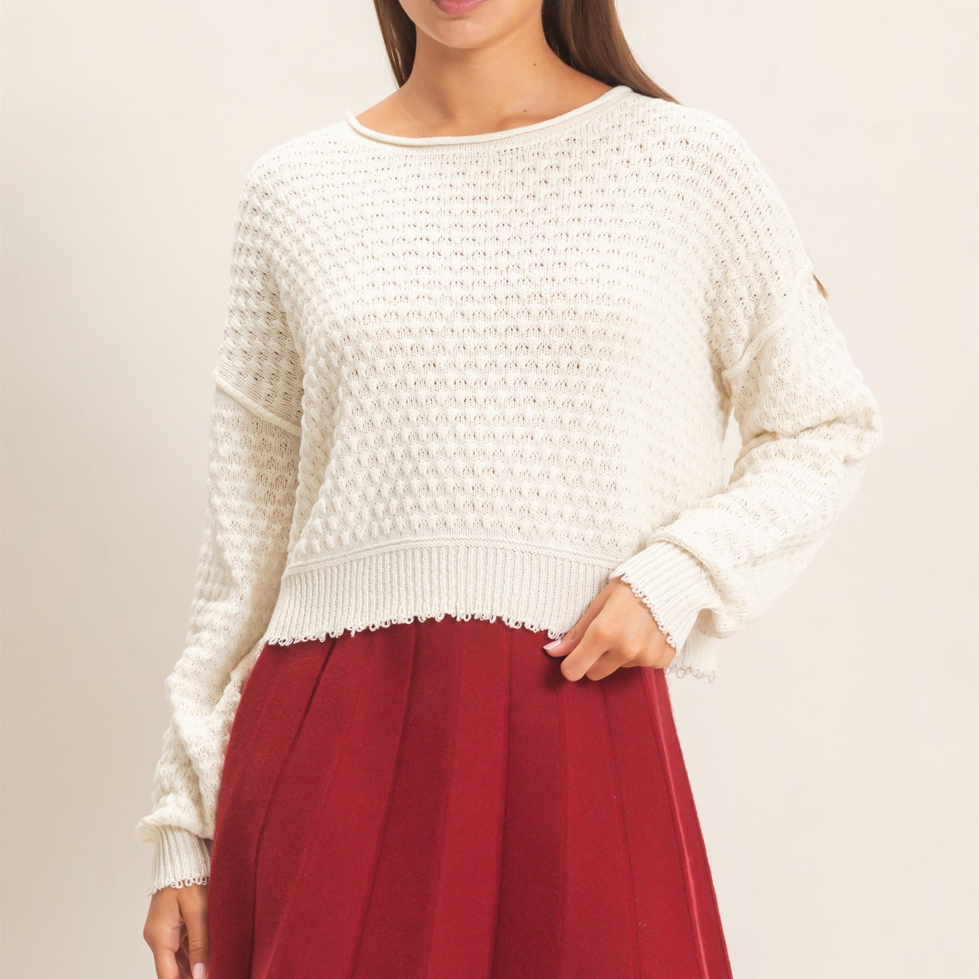 Wholesale Textured Boat Neck Sweater Sweaters DZ26E880 CREAM DOUBLE ZERO