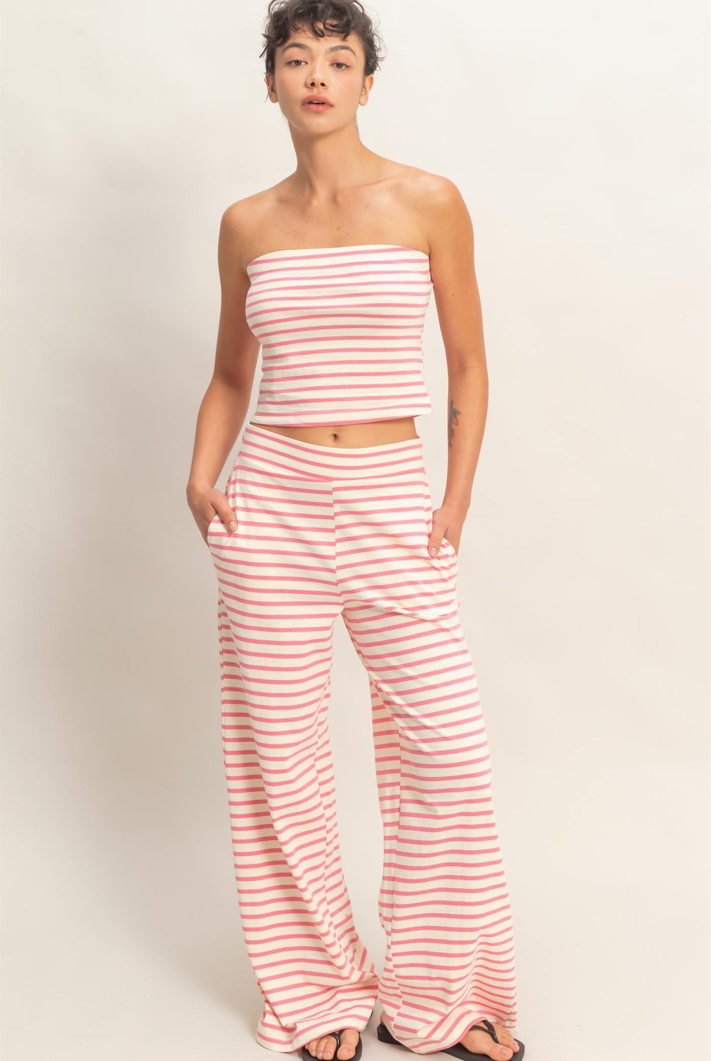 Wholesale Striped Jersey Tube Top And Pants Set Clothing DZ26C621-SET PINK DOUBLE ZERO